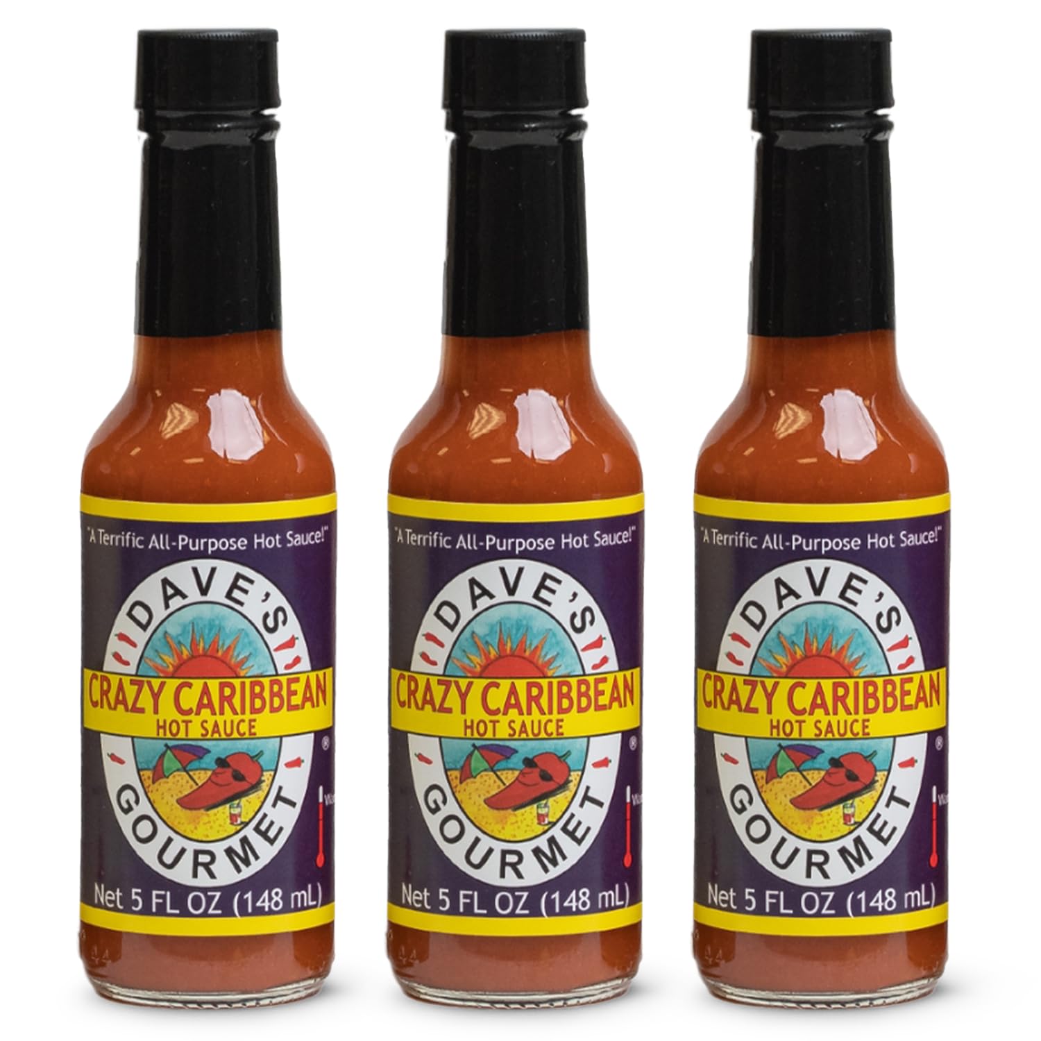 Dave's Gourmet Crazy Caribbean Hot Sauce - Habanero & Tabasco Pepper Blend - Hot Sauce - Great for Wings, Seafood & Fried Foods - Caribbean Hot Sauce - 5oz Bottles (Pack of 3)