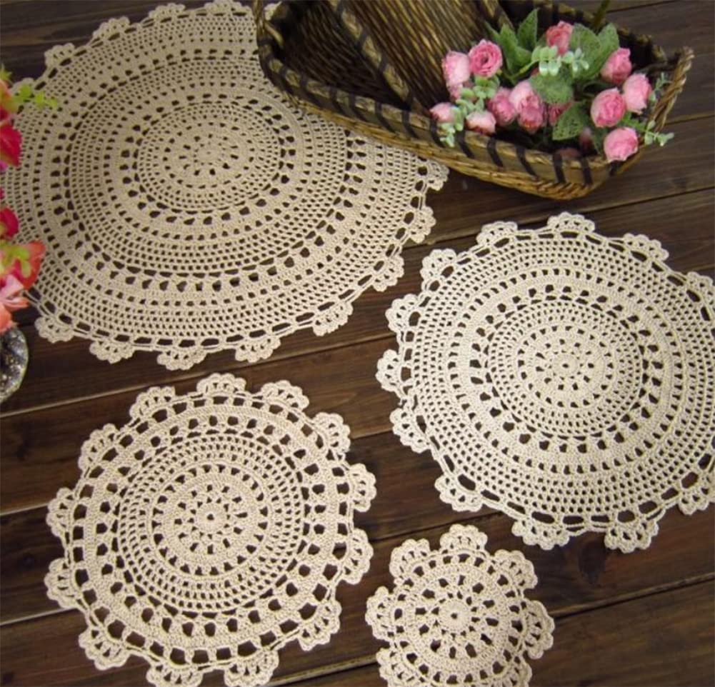 Fennco Styles Handmade Medallion Crochet Lace Round Cotton Placemat Doilies - 4 Pack (12-inch, Beige)
