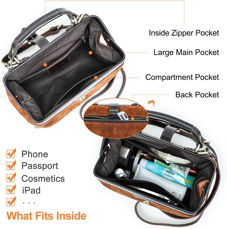 CONTACTS Genuine Leather Doctor Bag for Women Top Handle Purse Satchel Handbag Vintage Shoulder Bag - Image 5