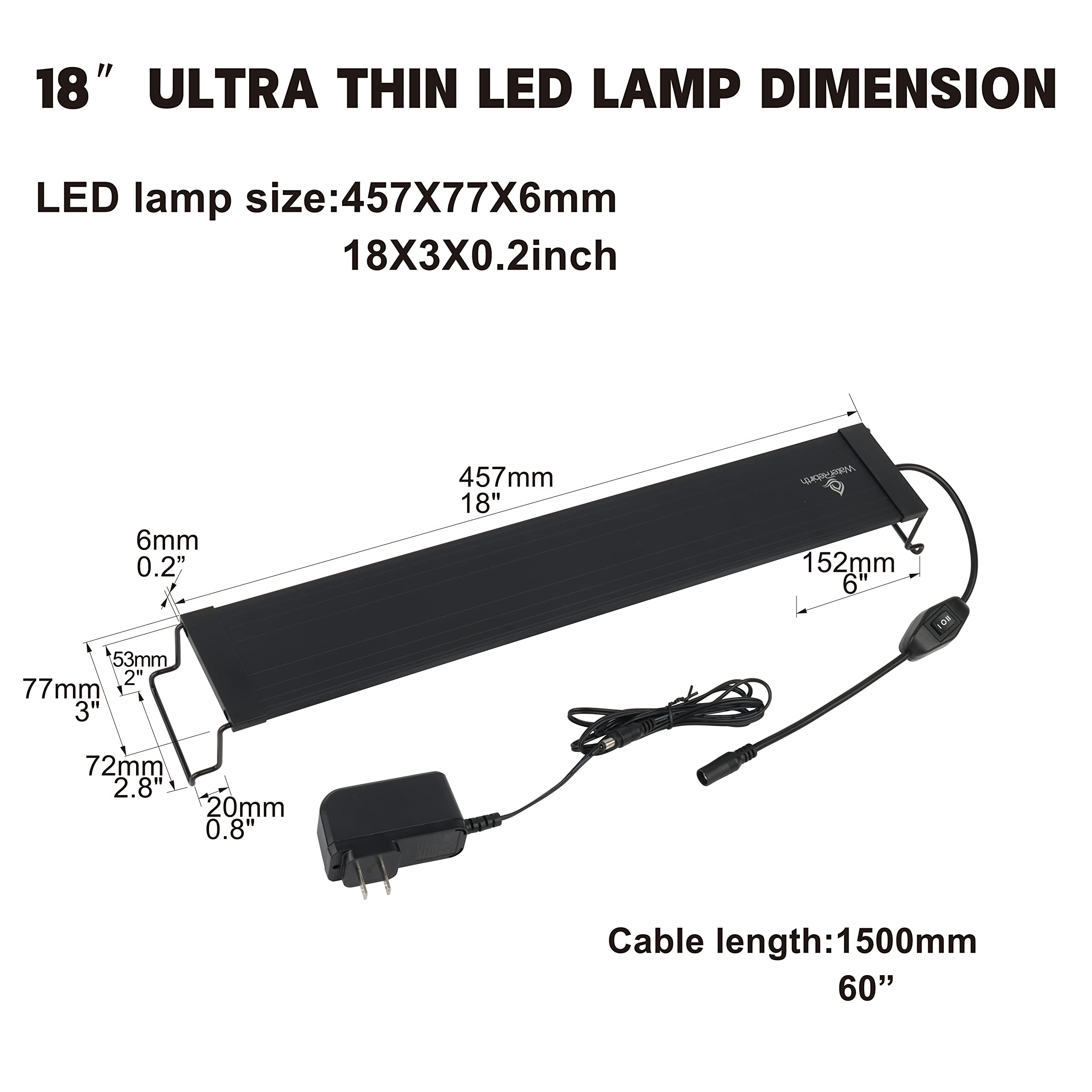 Water Rebirth - Lampara Agua, Luz LED ultra delgada para acuario de 18 a 24 pulgadas, luz ultra delgada para acuario, luz para tanque de peces con soportes extensibles, LED blanco y azul