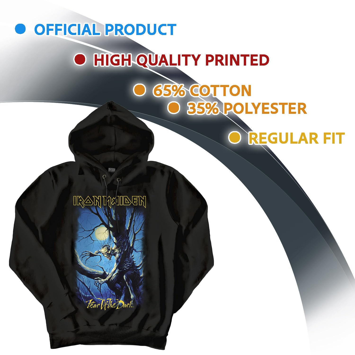 Iron Maiden Felpa Ufficiale Fear of The Dark. Felpa con Cappuccio Unisex in Cotone. vestibilità Regular per Adulto e Ragazzo