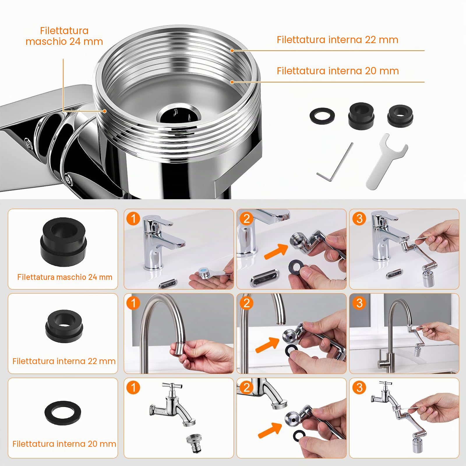 Ibergrif Prolunga Rubinetto Cucina Bagno Rotante 1440 Gradi, Aeratore Regolabile, 2 Modalità di Acqua, Accessorio Facile Installazione, Filtro Antispruzzo, Argento, M91006