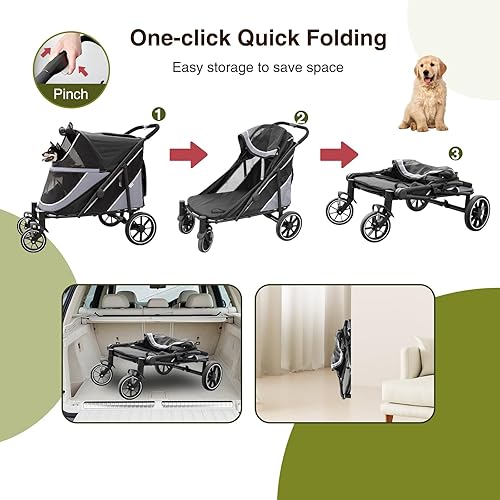 Miniatura 8 de Cochecito para perros medianos y grandes, plegable con un solo clic, cochecito para mascotas extra grande para 2 perros con bolsillo de