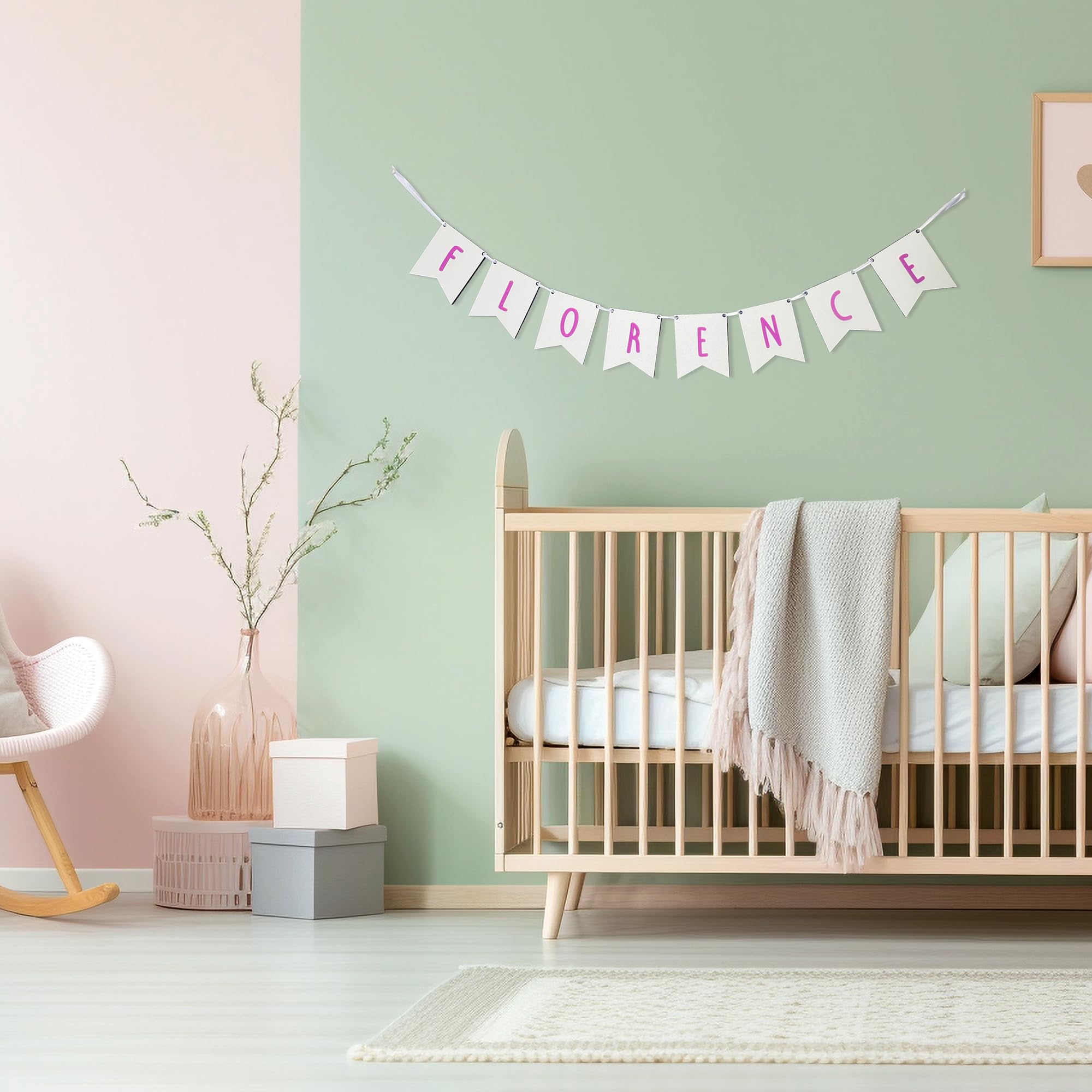 Personalised Wooden Name Banner, Clip Art Design, White Wood with Acrylic or Wooden Letters, Nursery Wall Decoration