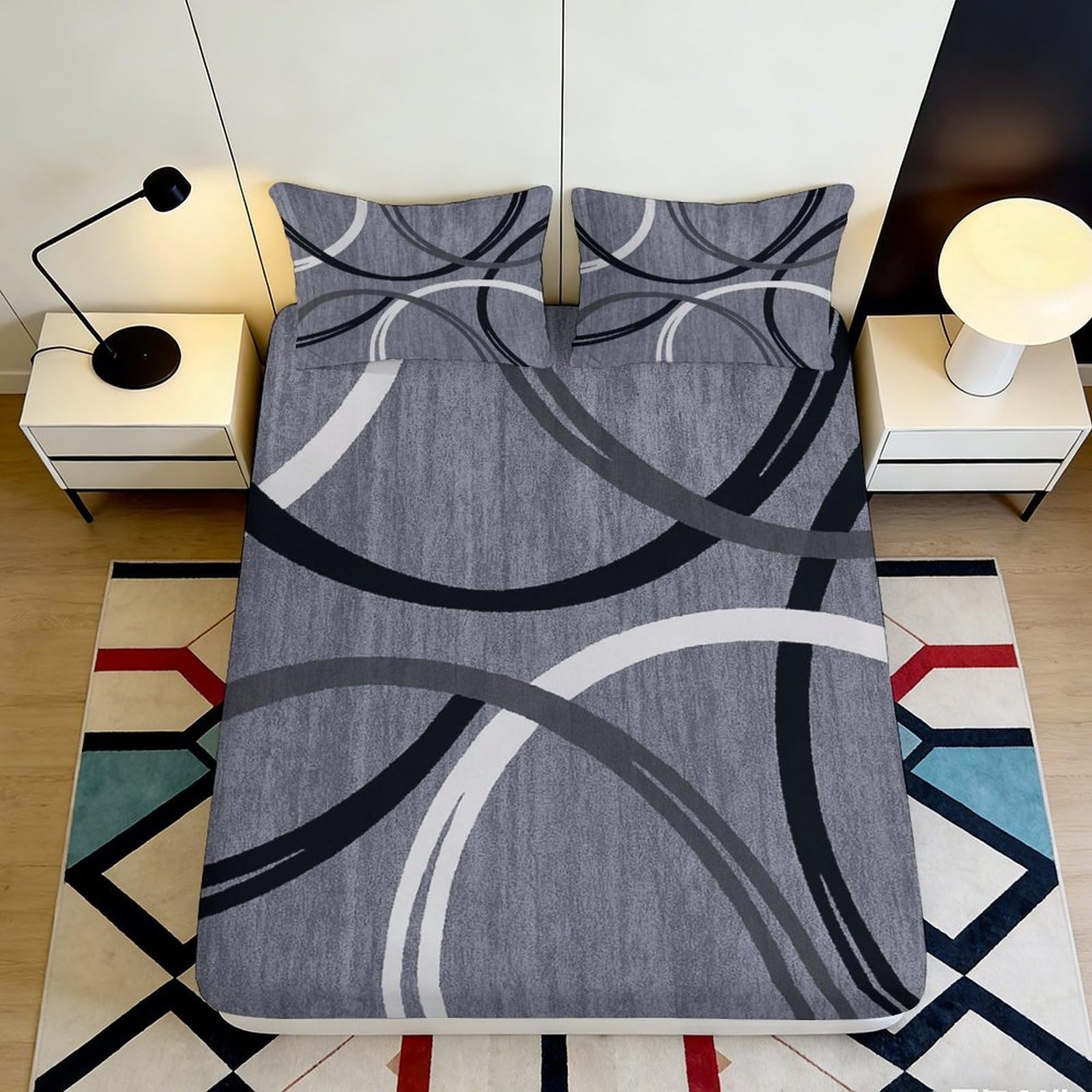 3D Printed Abstract Circle Fitted Sheet Microfiber Soft Durable Geometric Bed Cover for Bedroom Dormitory Guest Room Mattress Protection Decor 90x200x25cm
