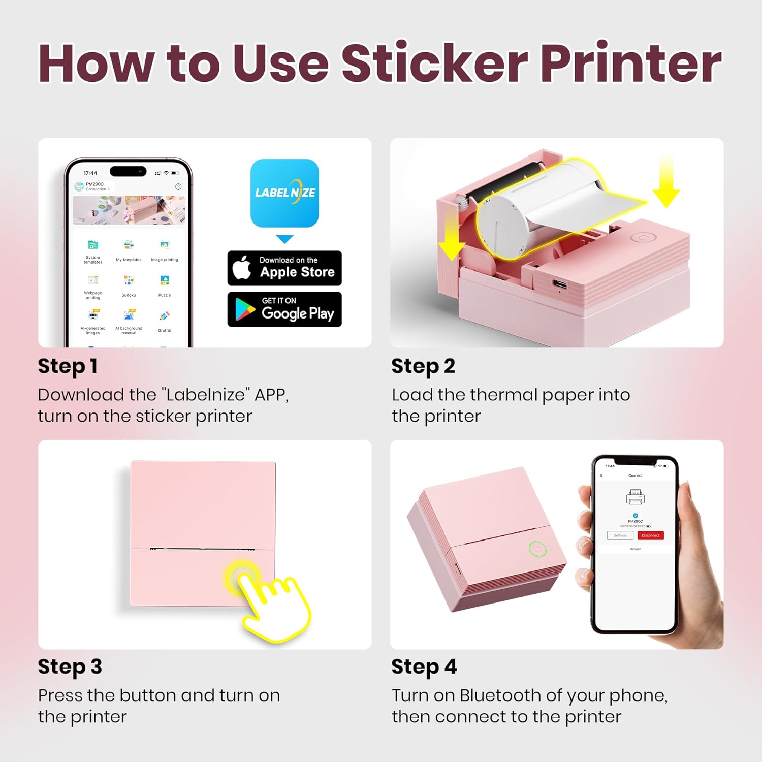 Sticker Printer, PM290C Thermal Mini Printer, Bluetooth Print Pod with 3 Rolls of Paper, Portable Print Pods for Phone & Tablet, Sticker Maker Machine for Notes, Photos, Journal, Rose - Image 8