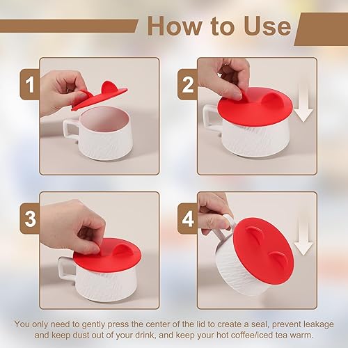 Miniatura 5 de uxcell 3 tapas universales de silicona para tazas, tazas de té, tazas de café, reutilizables a prueba de polvo, color rojo