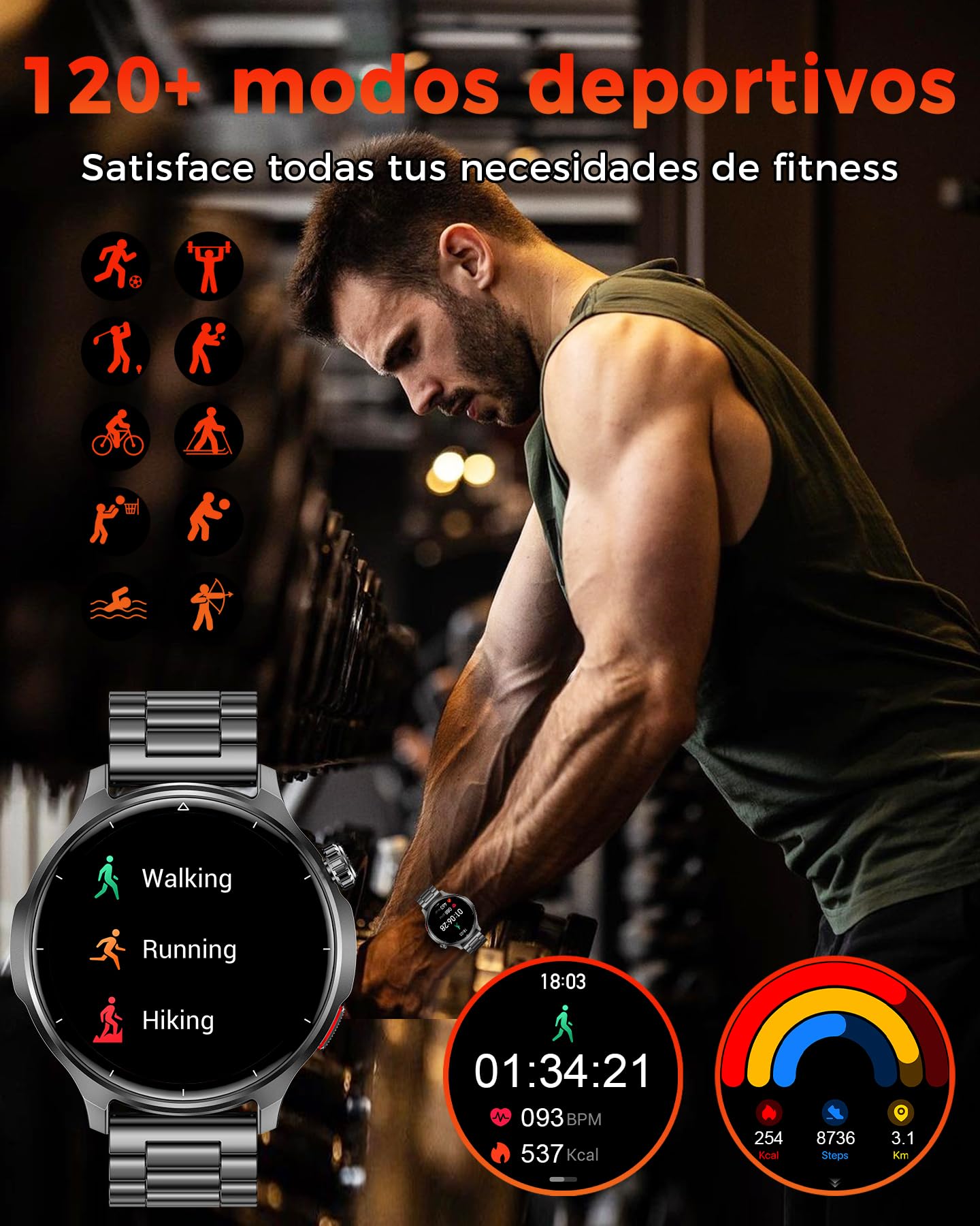 Reloj Inteligente Hombre, Batería de 1000 mAh, Pantalla Grande HD de 1,52'' | Smartwatch Llamadas Bluetooth, 120+ Modos Deportivos, Frecuencia Cardíaca, Sueño, Android iOS, Dos Correas, Negro