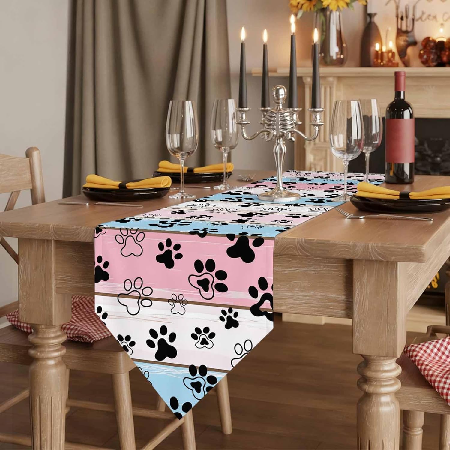 Pink Blue Paw Print Table Runner Linen Burlap Table Runner 120 Inches Long Vintage Farmhouse Wooden Grain Dresser Scarves for Kitchen Island Coffee Dining Room Party Wedding Holiday Decor 13"x120"