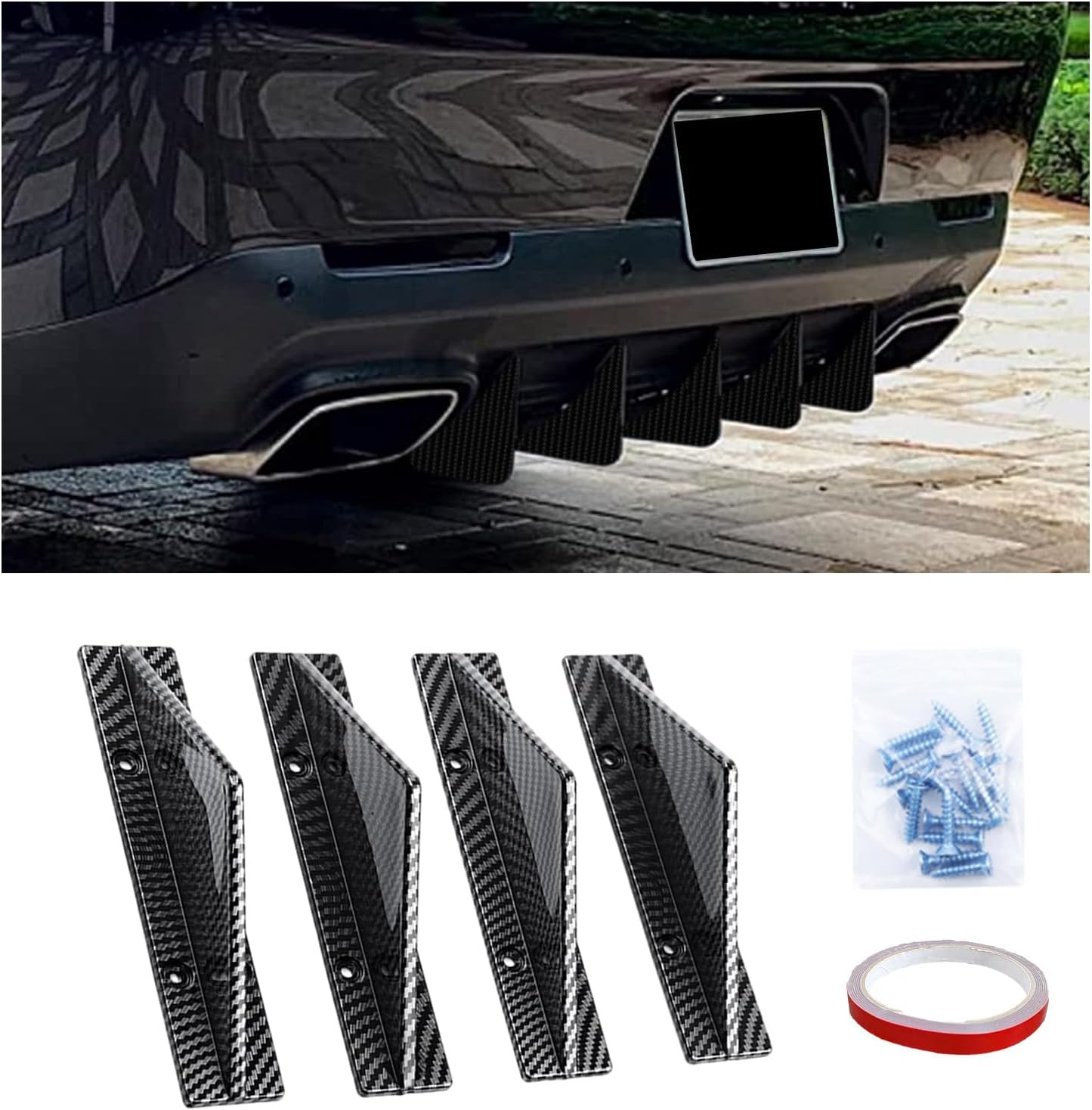 Augeny 4PCS Car Rear Lower Bumper Wing Lip Diffuser, Anti-Crash Straight Auto Shark Fin Spoiler Protector with Screws, Universal Rear Bumper Lip Diffuser Kit for Car SUV Truck (Straight/Carbon Fiber)