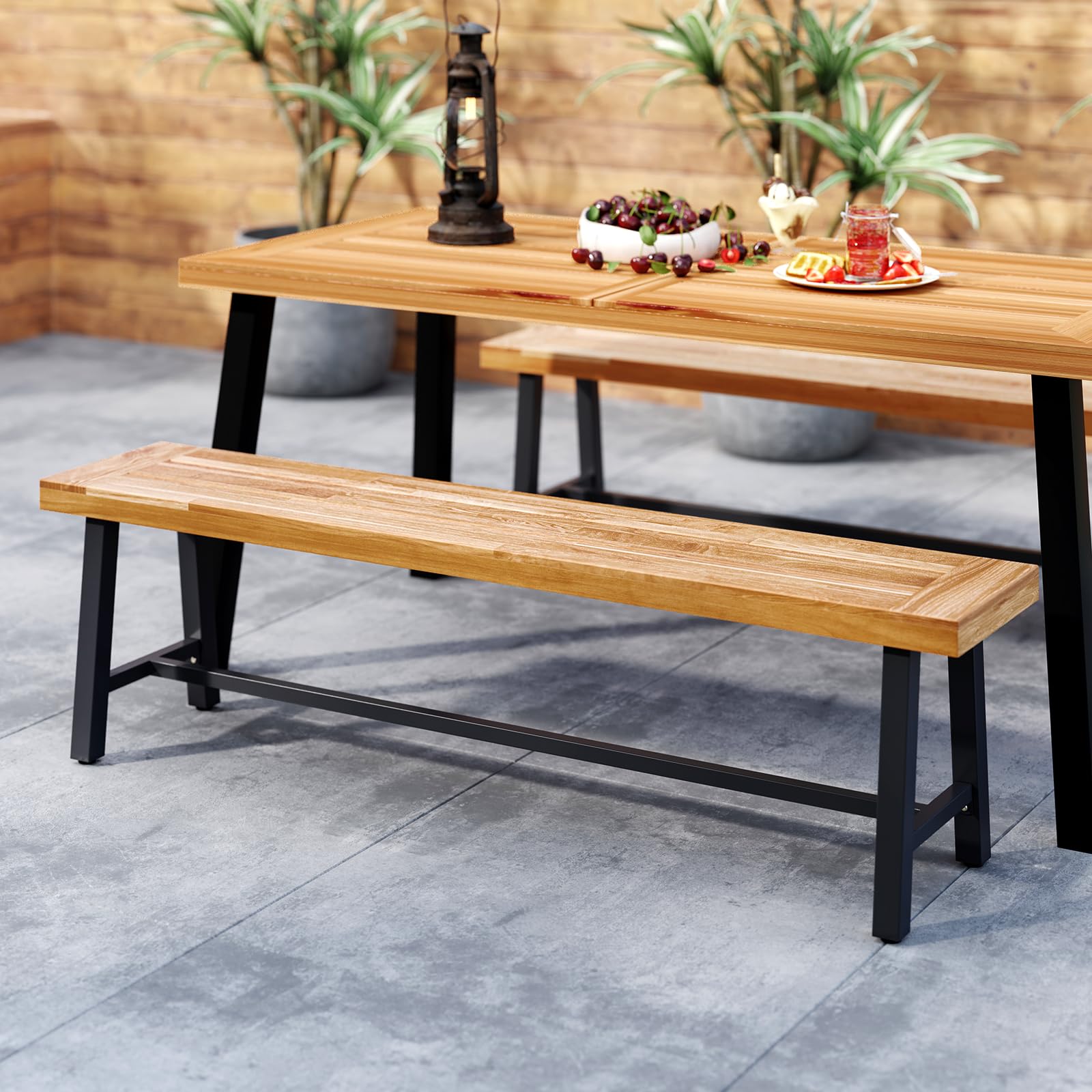 GIANTEX Banc de Jardin en Bois d'Acacia 160 x 32 x 45 CM, 3-4 Places Banquette d'Exterieure avec Barres de Support, Pieds Réglables, Charge 320 KG, Assise Large pour Terrasse, Parc (2)