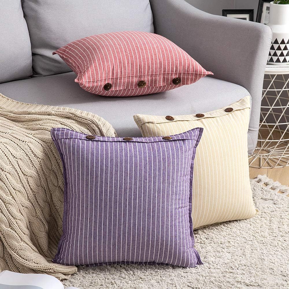 MIULEE Pack of 2 Farmhouse Decorative Throw Pillow Covers Button Linen Pillowcases Modern Stripe Lumbar Cushion Case for Couch Sofa Bedroom, 18 x 18 Inch, Purple
