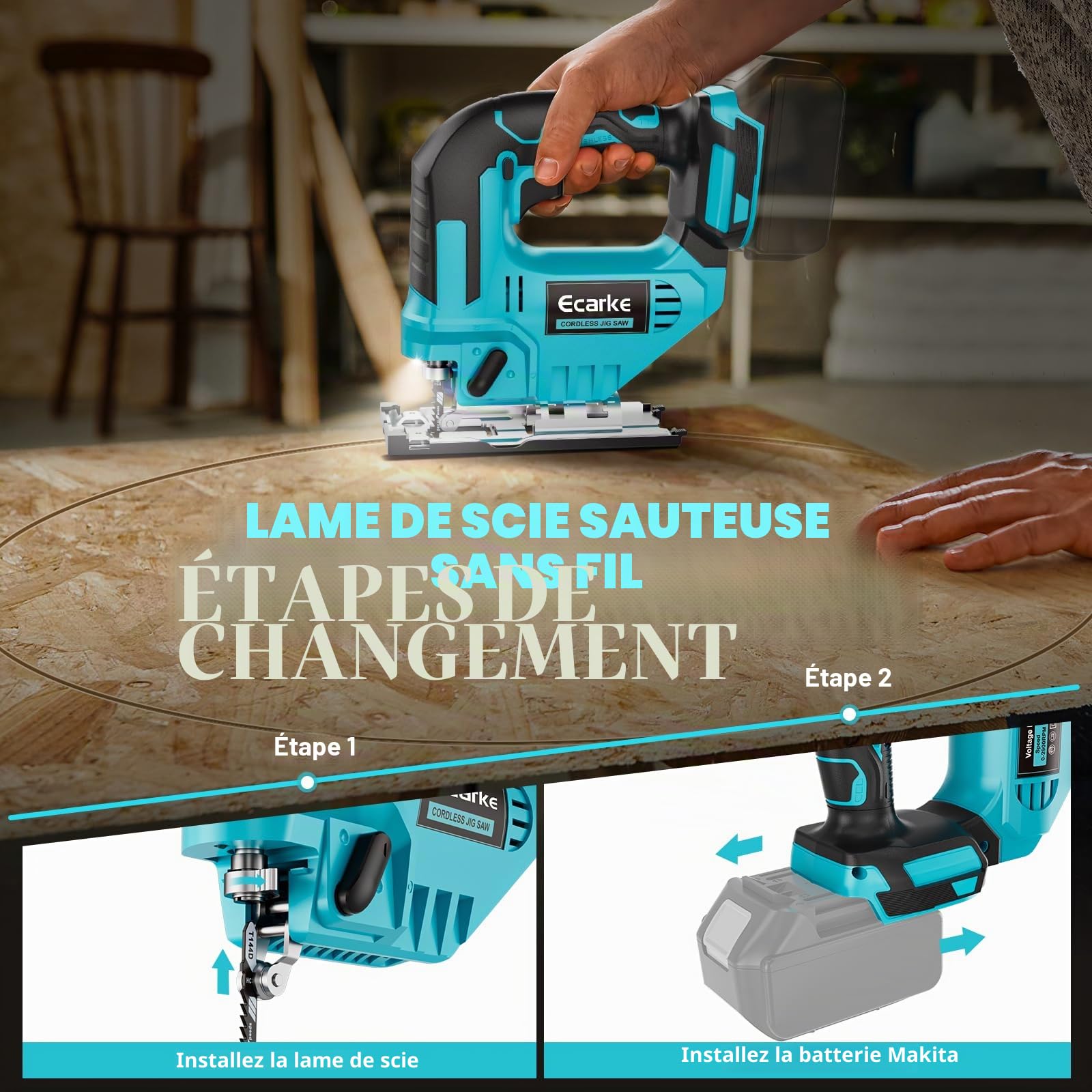 Ecarke Scie Sauteuse Sans Fil 750W Compatible avec Batteries Makita 18V, Vitesse Réglable, 6 Lames Incluses & Système de Serrage Rapide, pour Bois, Métal, Plastique(Outils Uniquement)