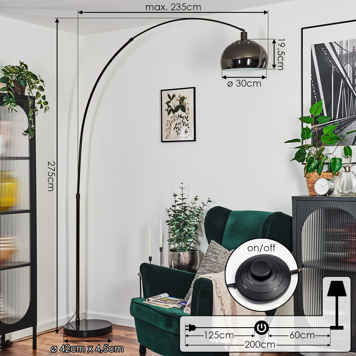HOFSTEIN Stehleuchte Baloca, Stehlampe aus Metall in Schwarz/Chrom/Rauch/Weiß mit Marmorfuß, verstellbare Leuchte im Vintage-Design, Lichteffekt u. Fußschalter, E27, Wohnzimmer, Schlafzimmer, Büro