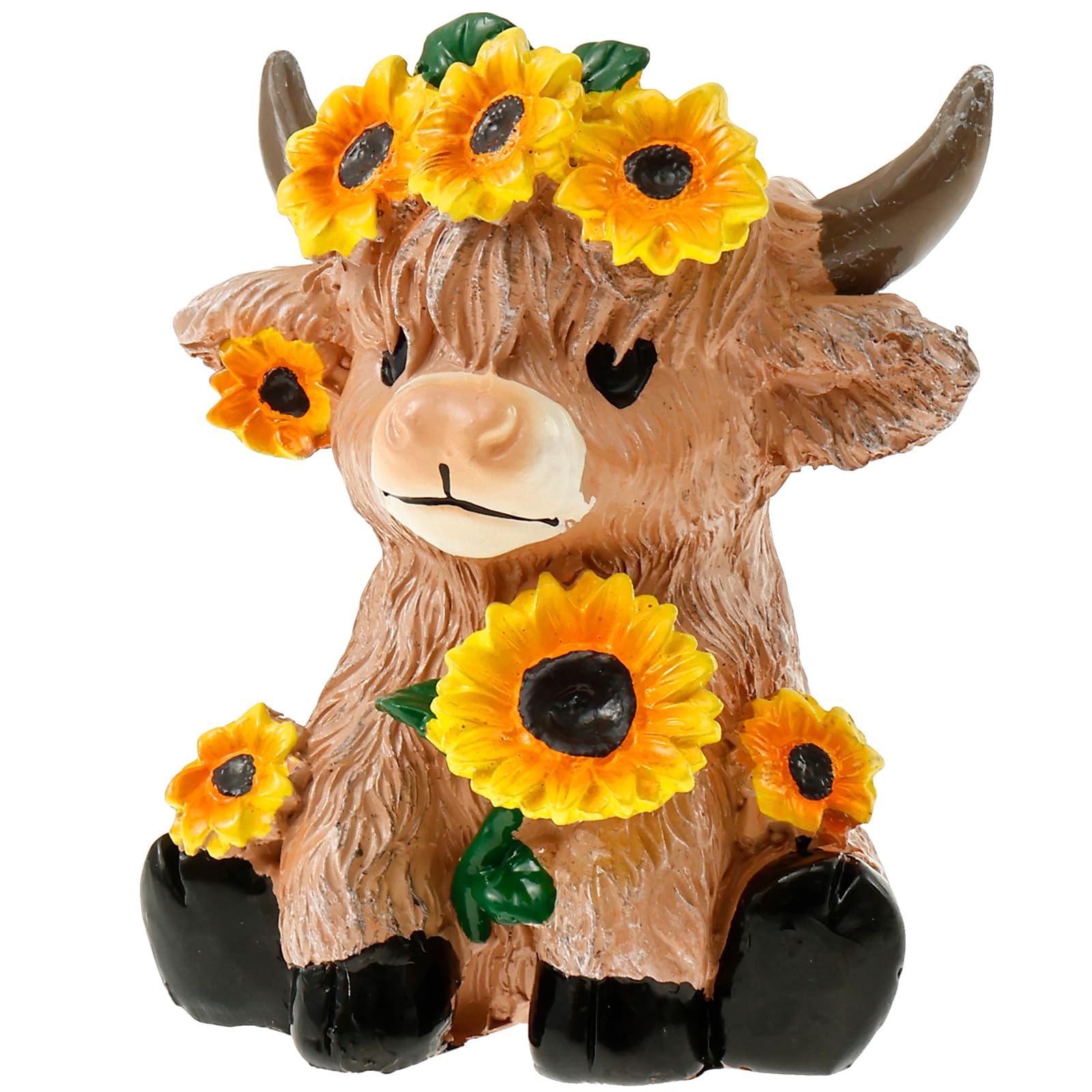 shaojian Highland Cow Ornaments Spring Sunflower Highland Cow Figurine Statue for Plant Lover, Synthetic Resin Fade Resistant Calf Gnome Flower Pot for Garden Table Shelf Home Decor(A)