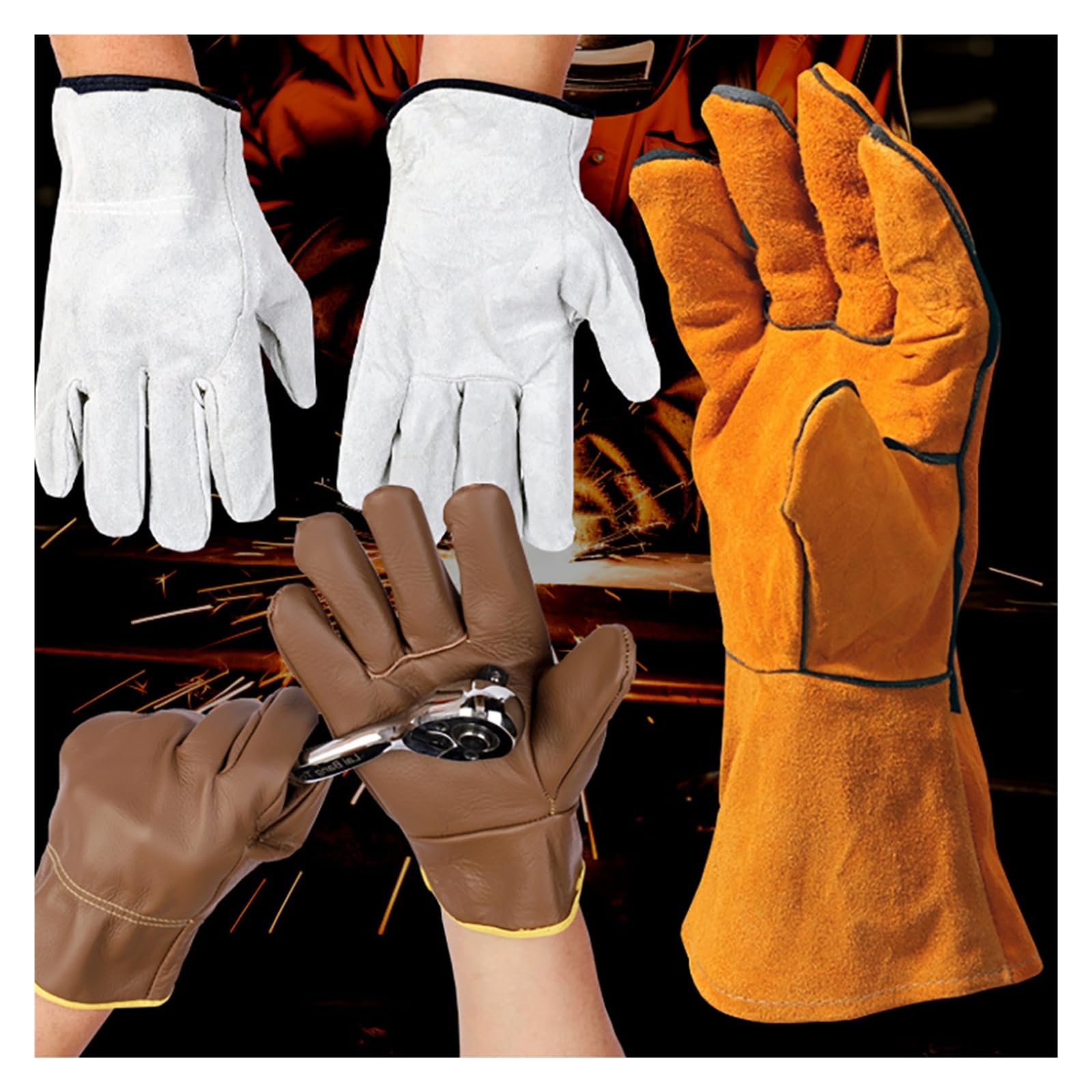 Générique Gants de travail Protection soudage cuir vache électricien isolant sécurité mécanicien résistant à l'usure(Long Gold No lining)