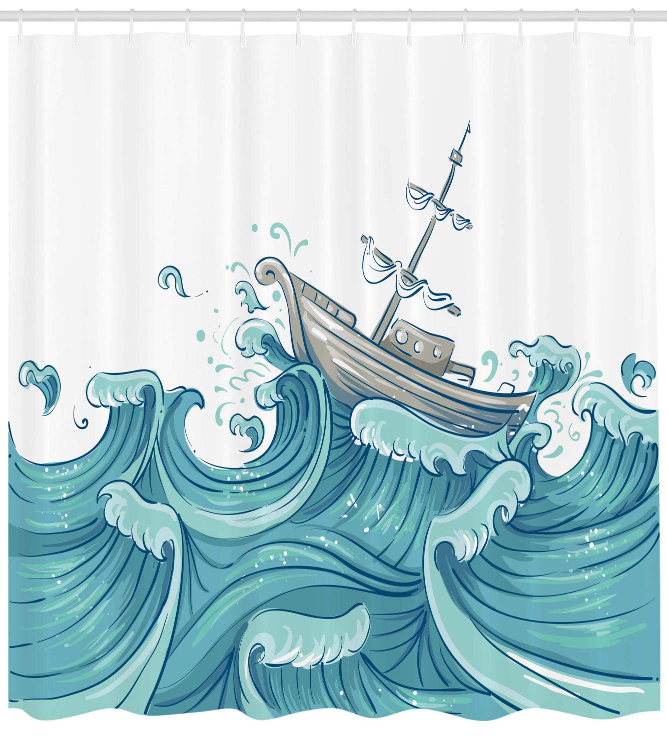 ABAKUHAUS Nautical Shower Curtain, Ship Being Tossed by Giant Ocean Waves Aquatic Old Vessel Sea Journey Illustration - Image 2