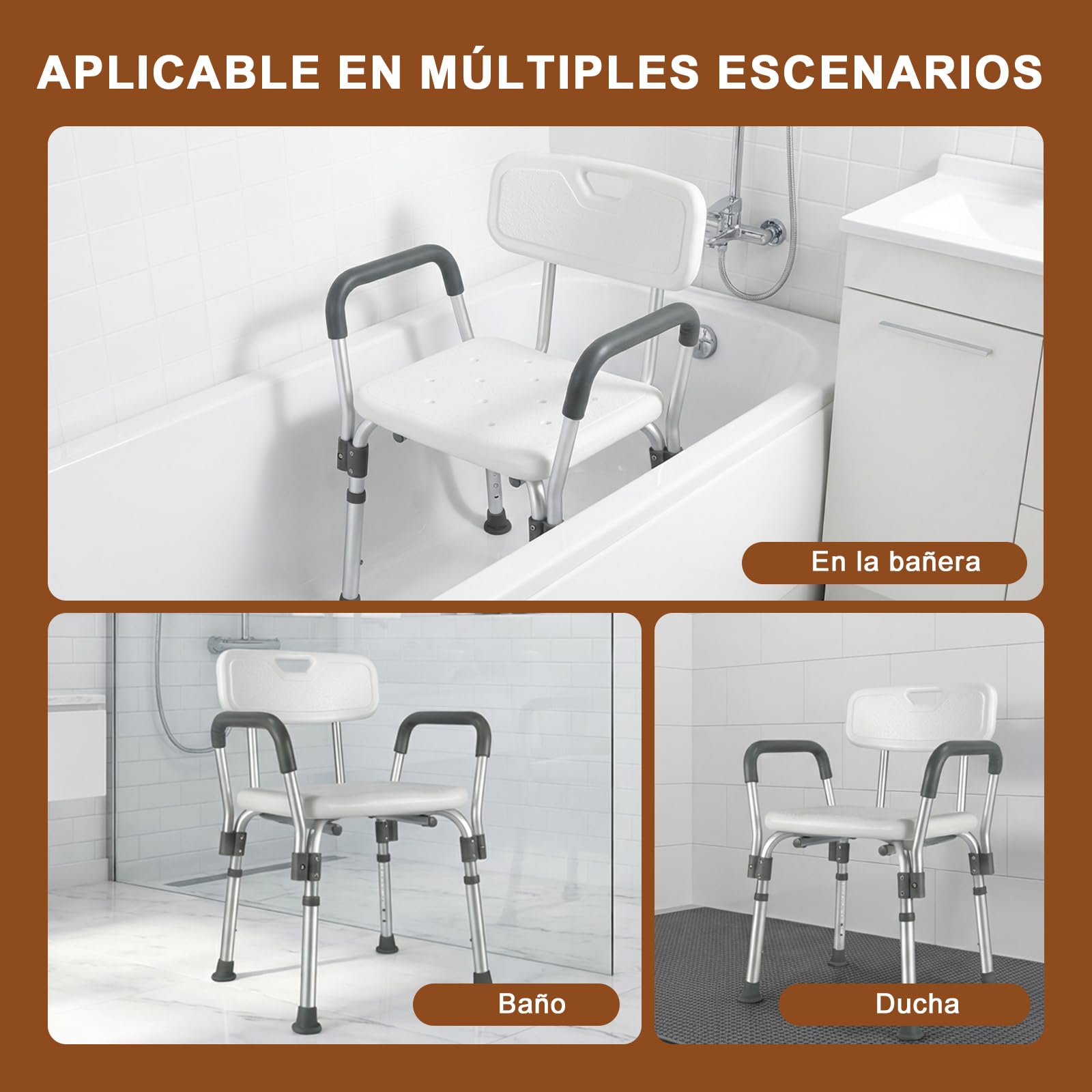 Taburete de Ducha Seguro para Personas Mayores, con reposabrazos Ajustables en Altura, Almohadillas Antideslizantes, Orificios de Drenaje y Estructura Ligera de aleación de Aluminio