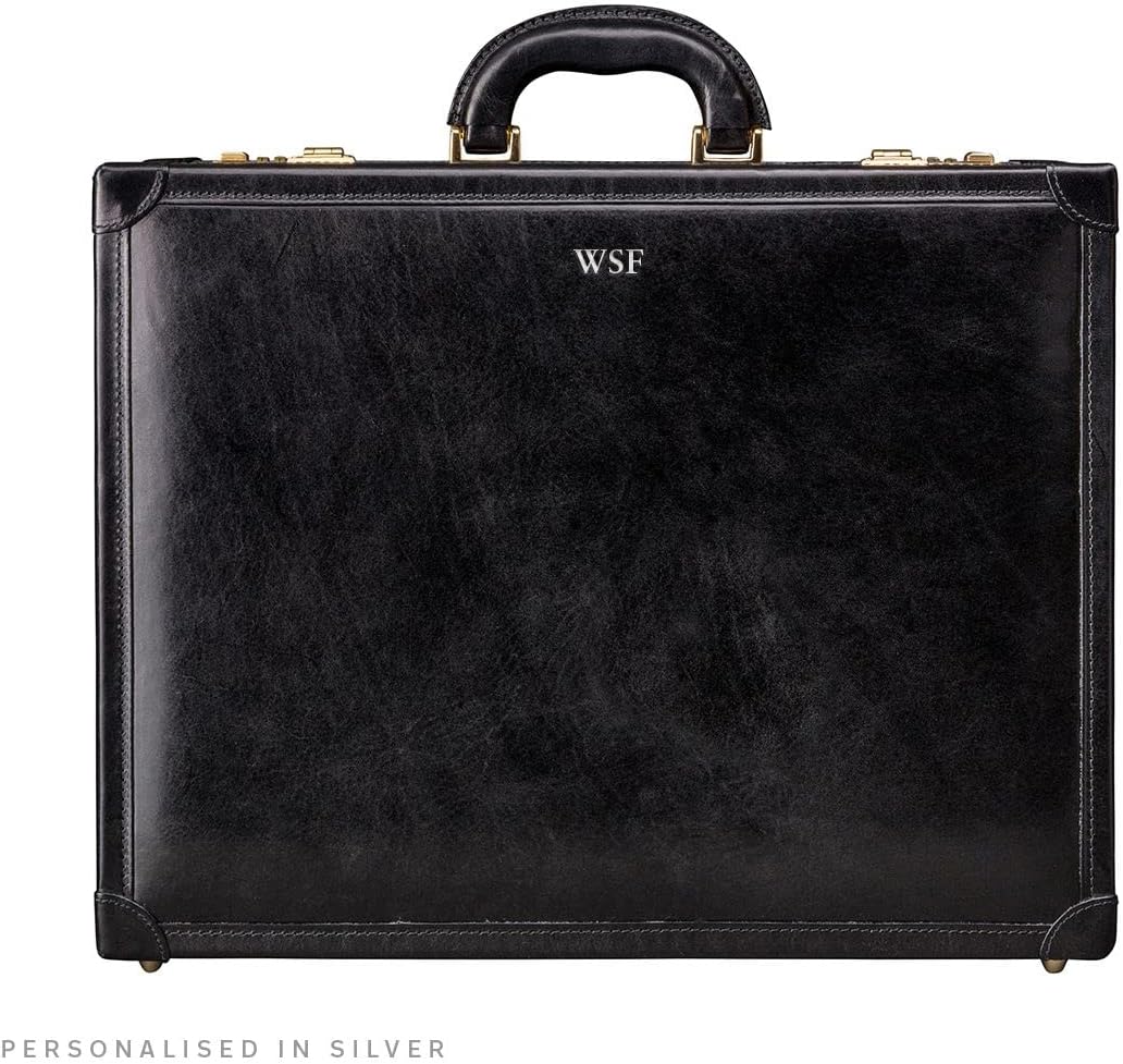 Maxwell Scott - Luxury Leather Large Square Box Attaché Briefcase with Combination - Handmade in Italy - The Buroni