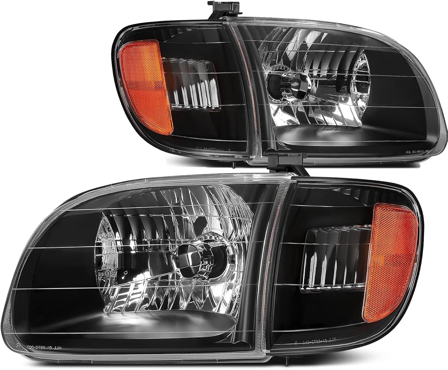 4Pcs Black Amber Headlights + Parking Lights Corner Lamps Assembly Fits 2000 2001 2002 2003 2004 Toyota Tundra Regula/Access Cab Halogen Head Lights, Clear Lens Lights Replace# TO2530135, TO2531135 Black Housing Amber Headlights + Parking Lights