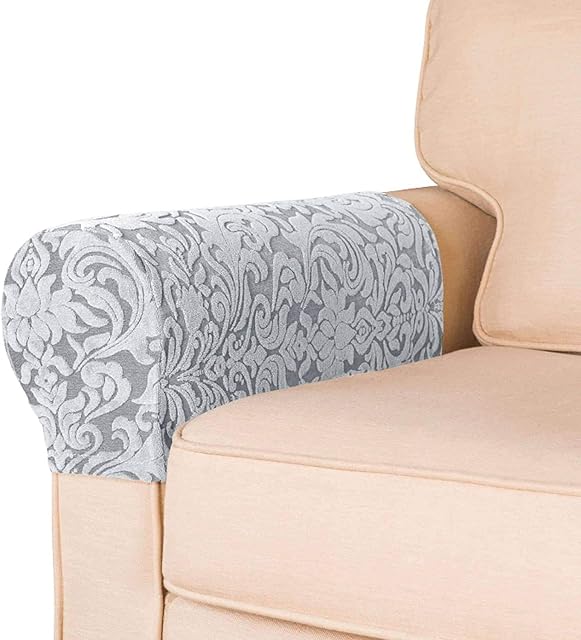NEKOSUKI Armrest Chair Covers, Set of 2 Jacquard Stretch Armchair Covers with Twist Pins for Arms, Anti-Slip Spandex Polyester Sofa Chair Arm Caps Slipcovers for Furniture Protector (Light Gray)