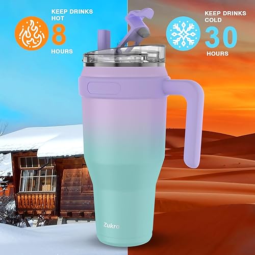 Miniatura 2 de Vaso de 40 onzas con popote abatible y asa, botella de agua de acero inoxidable con aislamiento al vacío de doble pared a prueba de fugas con tapa 2