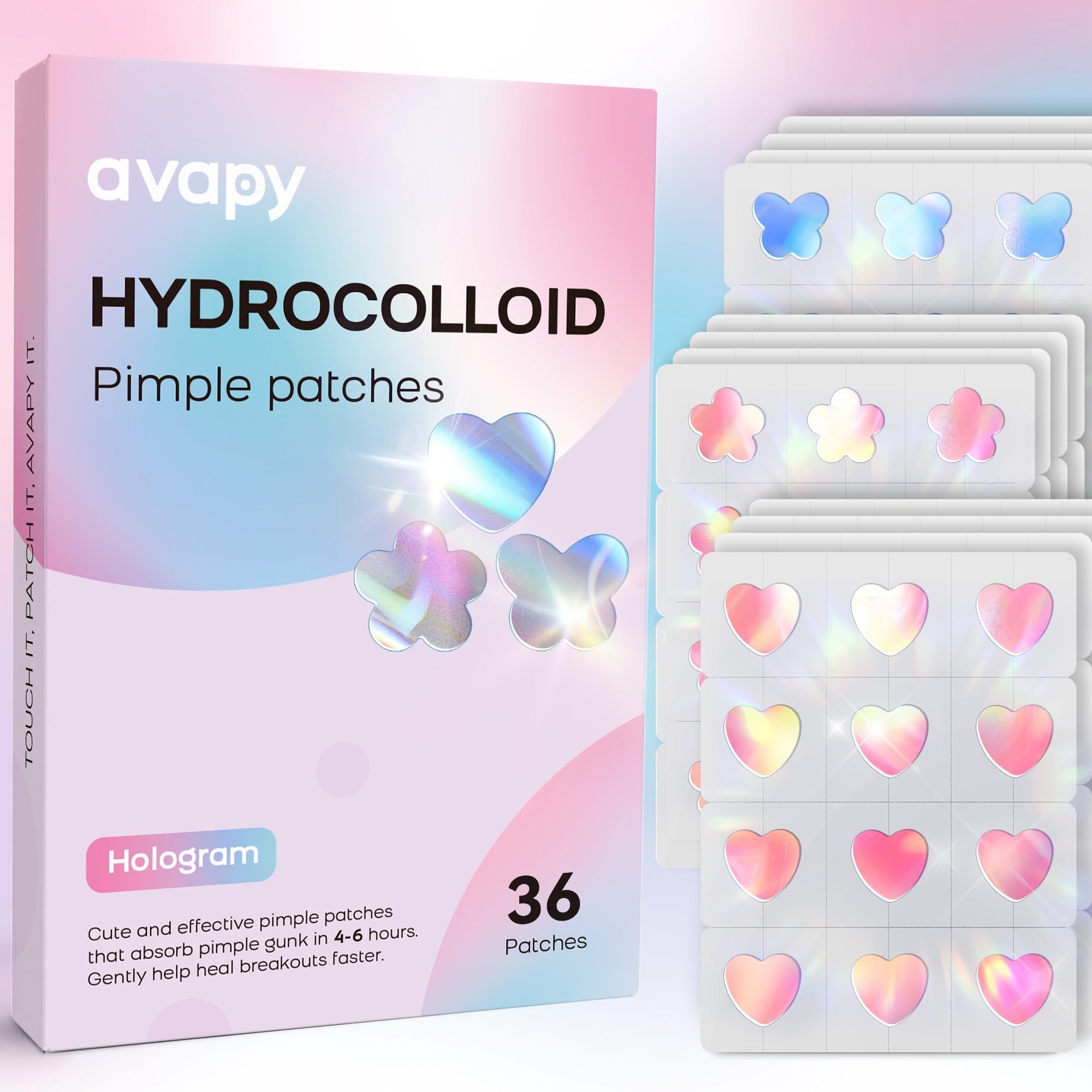 AVAPY Pimple Patches for Face, Cute Hydrocolloid Acne Patches, Colorful Hologram Heart Sport Stickers, Zits & Blemish, Pimple Patch with Salicylic Acid, Blue Pink Heart Butterfly Flower (36 Count)