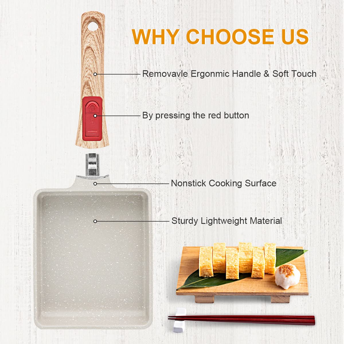 Sartén Japonesa Antiadherente para Tortillas y Tamagoyaki - Rectangular para Huevos con Mango Extraíble 19 * 16 CM, Apta para Horno y Lavavajillas