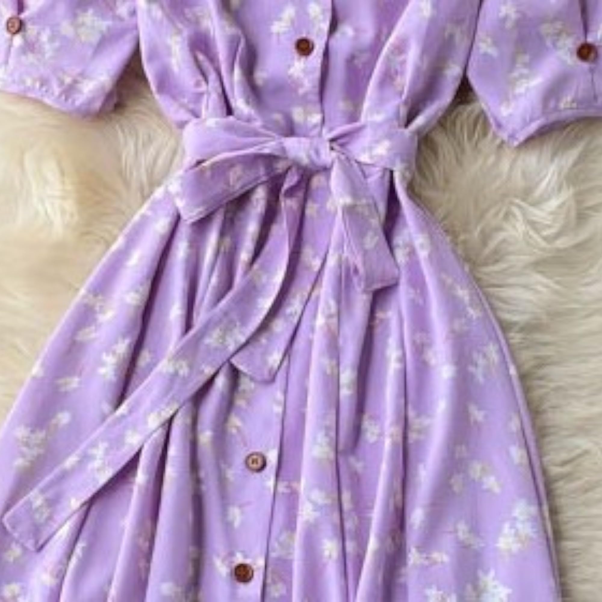 Gufrina Dresses for Women Half Sleeve || Floral Print || V-Neck and Puff Sleeves || Front Open Button & Tie-Up || Midi Dress (Lavender L) 4