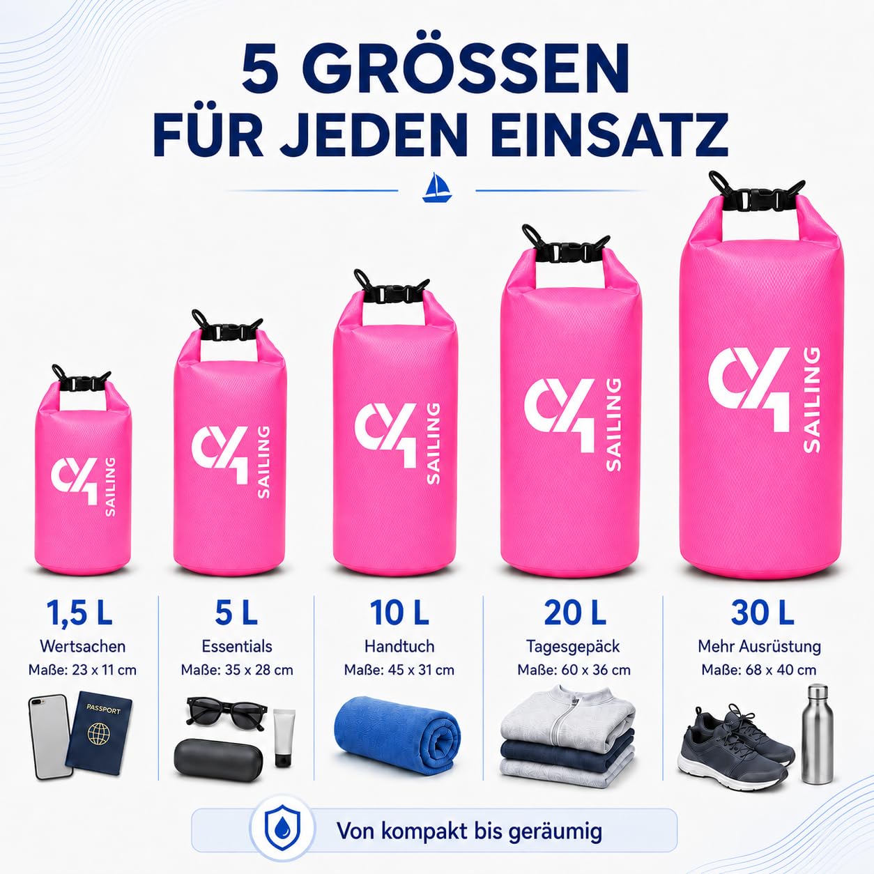 C4S Ripstop Dry Bag 10 L Neon Pink – wasserdichte Tasche | reißfester wasserfester Packsack Seesack Beutel Waterproof Drybag mit Rollverschluss | Kajak SUP Strand Boot Camping Reise Outdoor