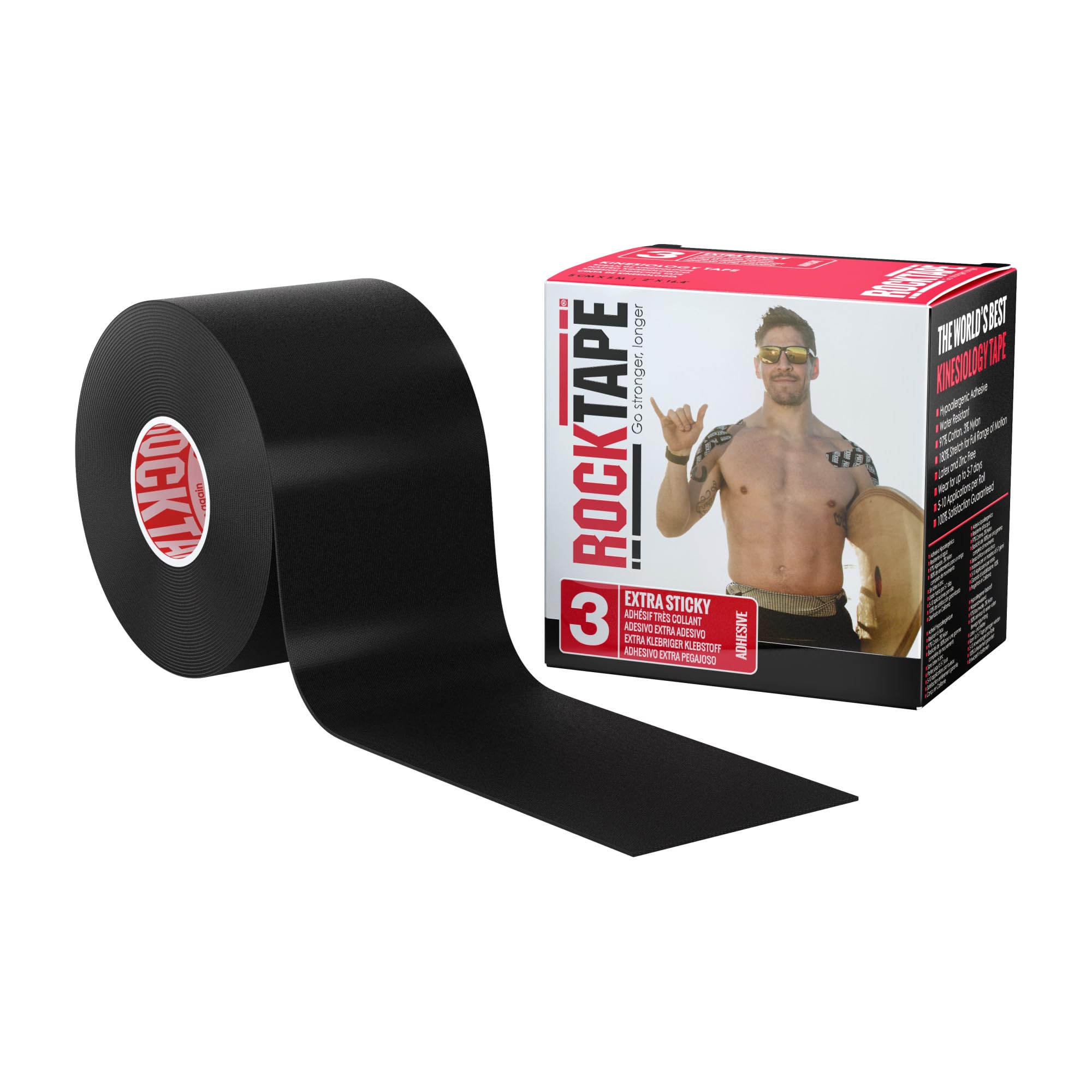 RockTape Extra Sticky Kinesiology Tape - Athletic Tape for Muscle Pain Relief, Injury Recovery - Microscopic Skin Lifting &amp; Decompression - Sweat &amp; Water Resistant