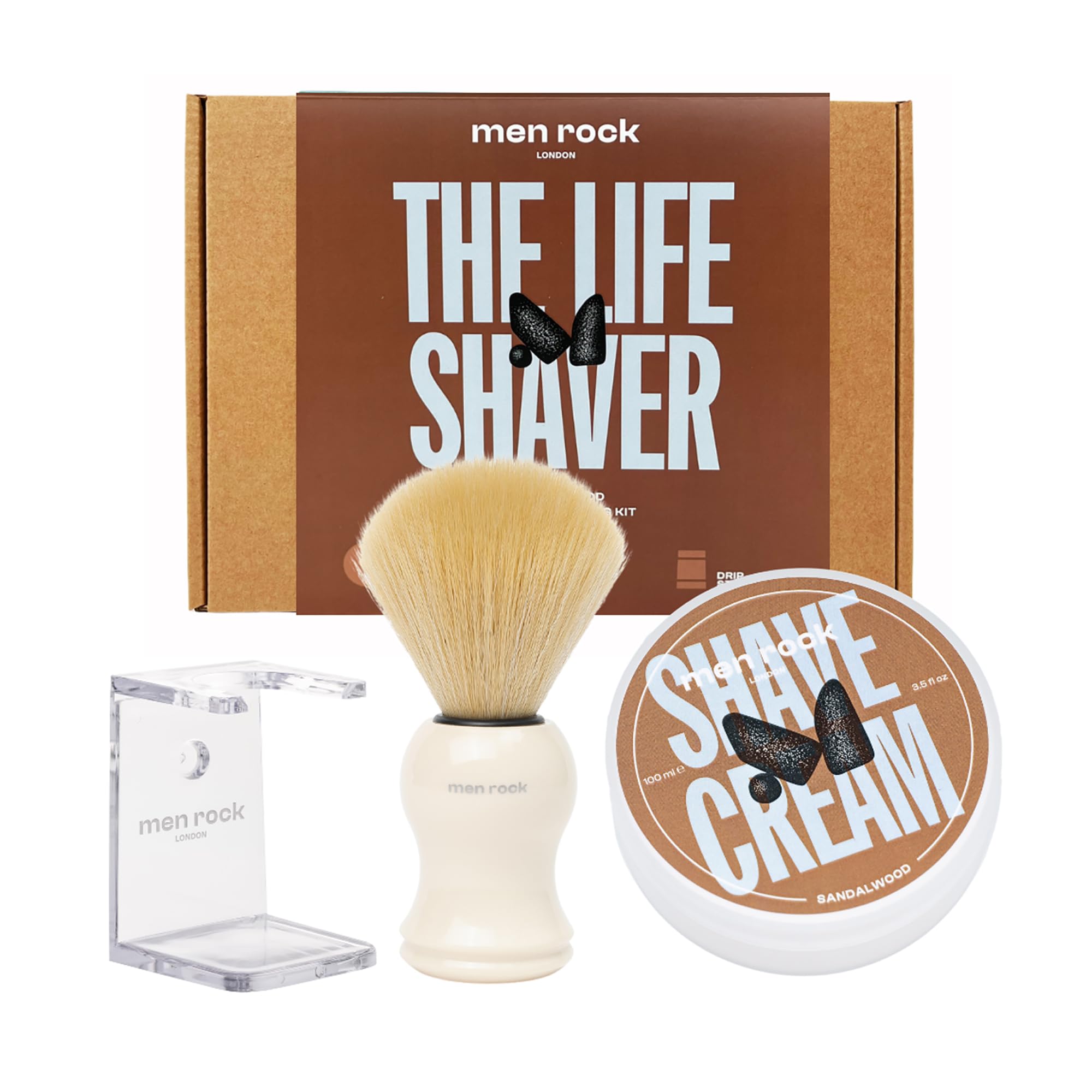 Men Rock The Life Shaver Sandelholz Rasierset Männer - Inklusive Rasiercreme, Synthetischem Rasierpinsel & Rasierpinselhalter