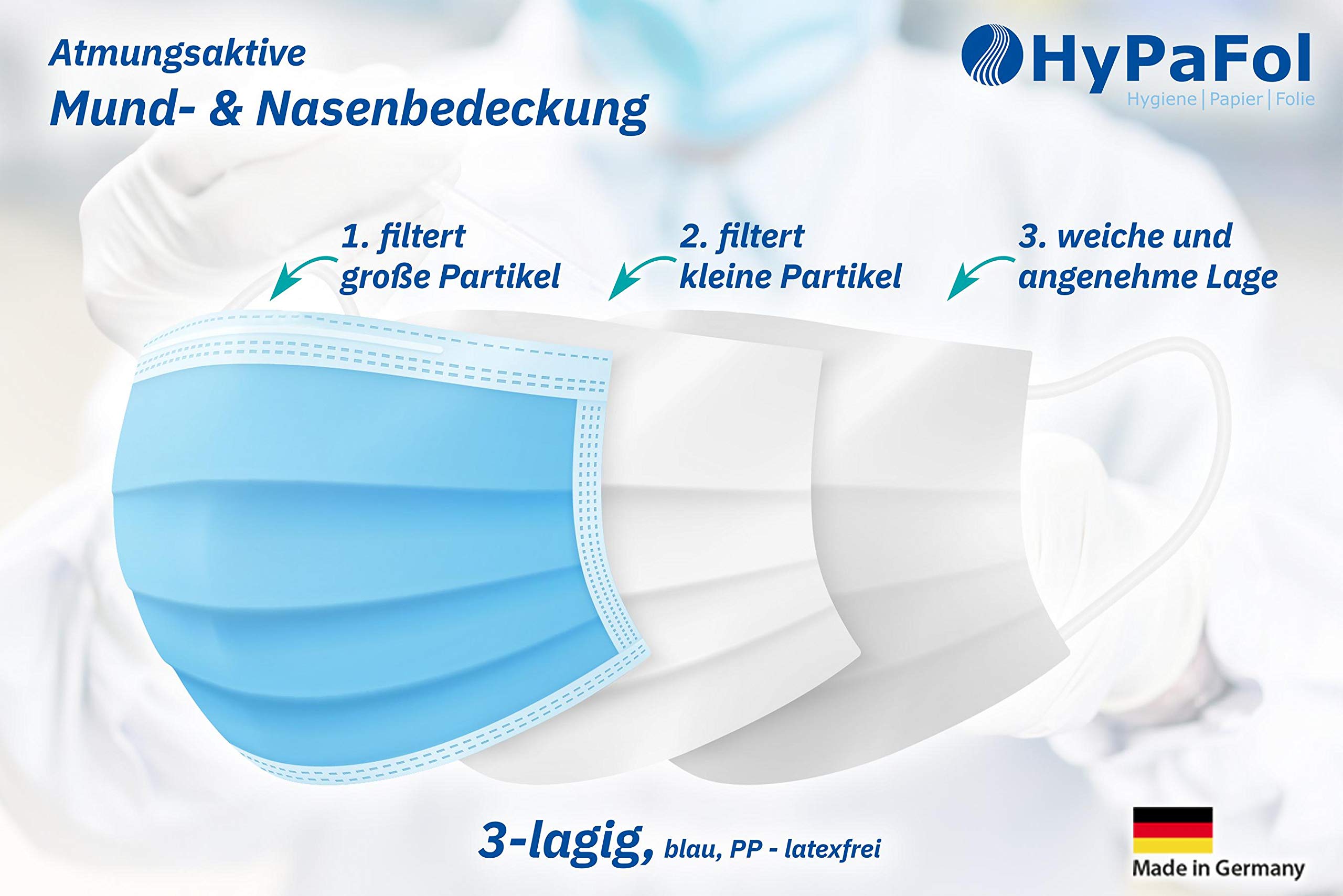 200 St. Mund und Nasenbedeckung Einweg, 3-lagig mit Vlies-Filter in blau | Maske mit Nasenbügel, für Brillenträger geeignet | Behelfs-Maske