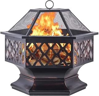Small Firepit, Garden Square Metal Brazier, Fire Pit with BBQ Grill Shelf Garden with Poker, Grill, Mesh Lid, Grate 63X61cm