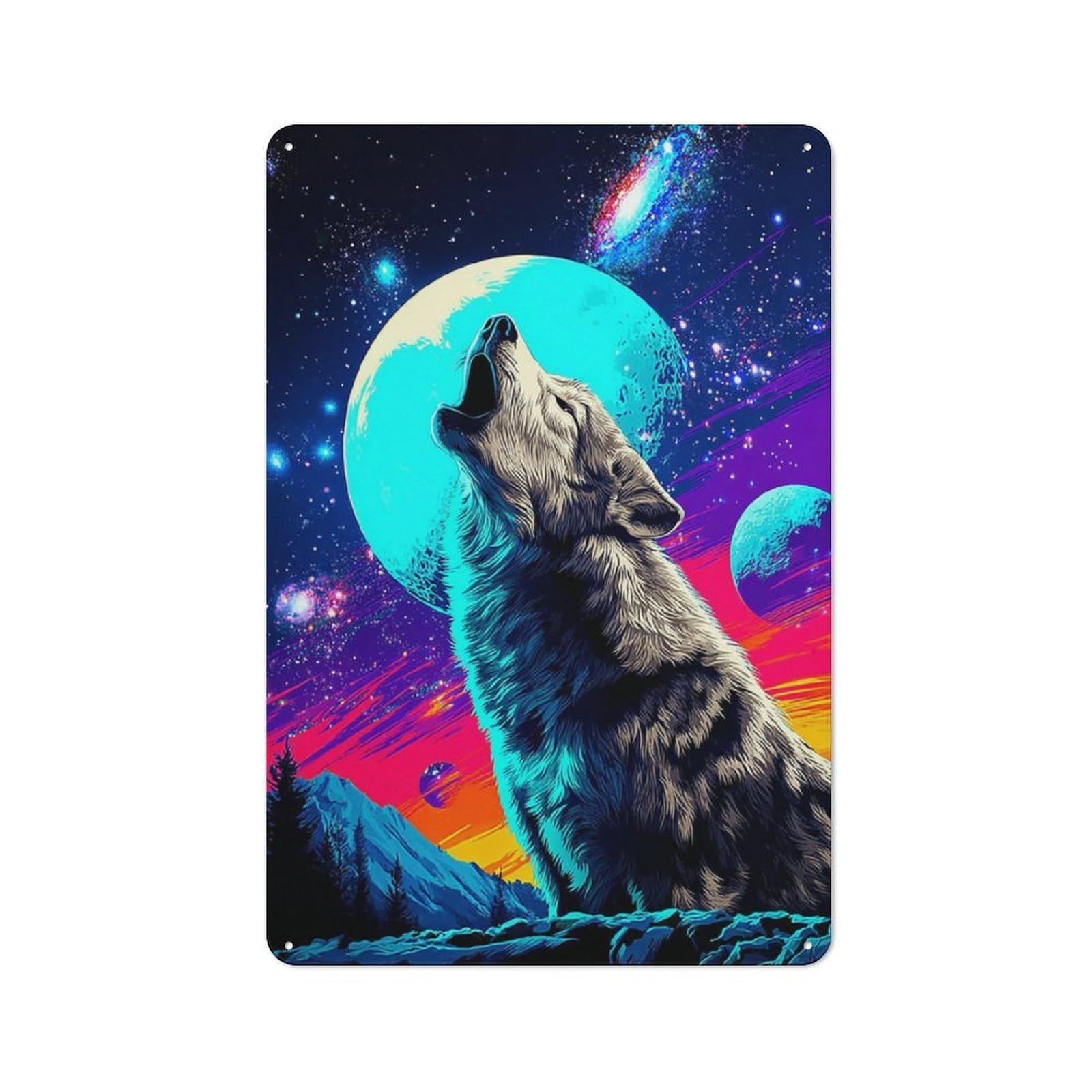 Junmoney Galactic Wolf Howling At Moon 30X20cm Retro-Style Tin Sign With For Garage Or Workshop, For Vintage Wall Decor Fans, For Metal Sign Collectors
