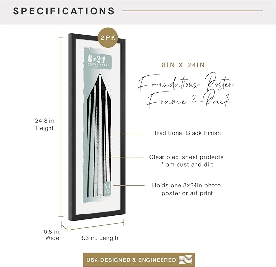 MCS Foundation Poster Frame, 8x24, Black Traditional, 2-Pack