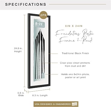 MCS Foundation Poster Frame, 8x24, Black Traditional, 2-Pack