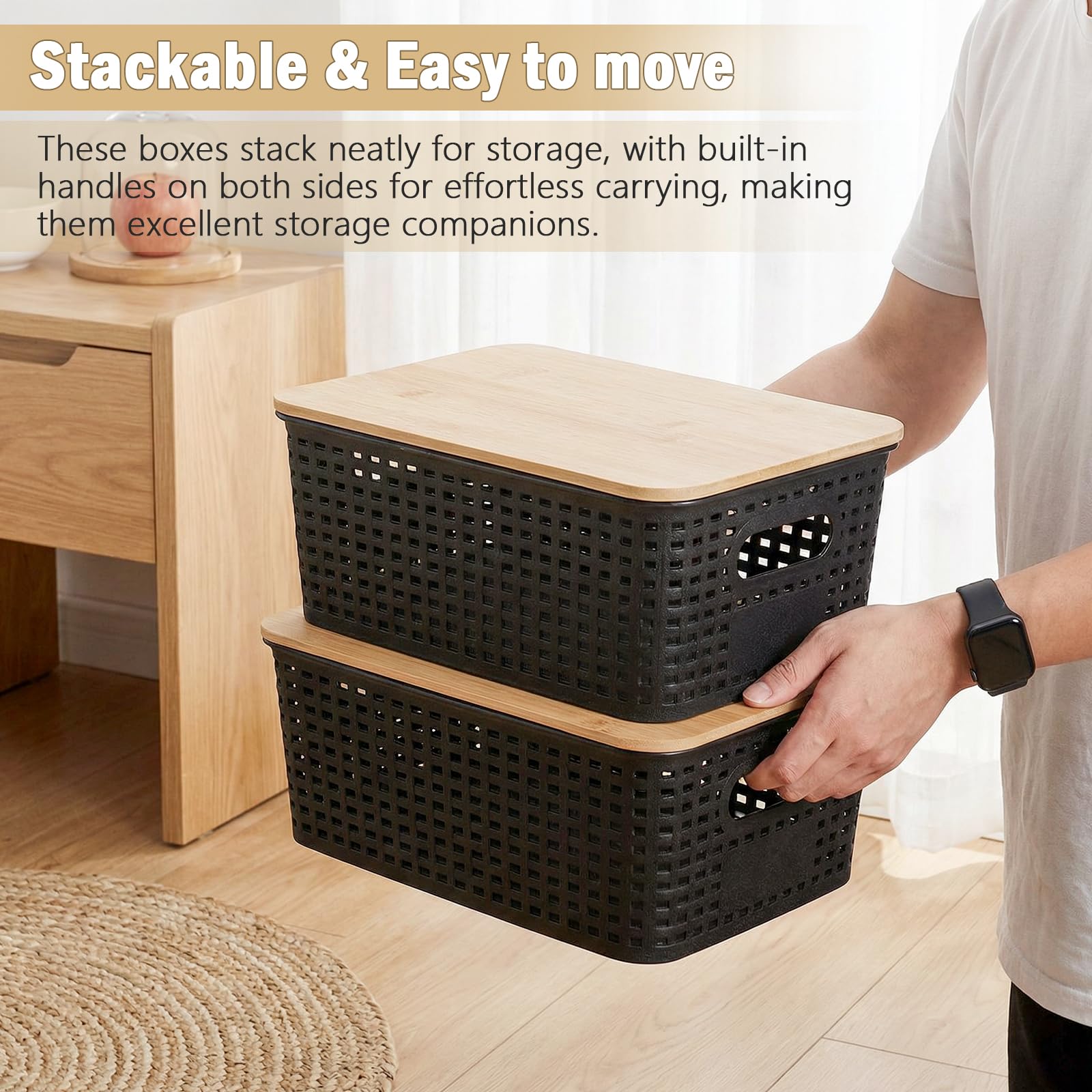 6 Pezzi Scatole Plastica con Coperchio Bambù, Organizer Cucina e Bagno, Impilabile Salvaspazio Cestino Vimini Contenitore Plastica con Bambù Coperchio per Armadio, Ufficio,Camera (Nero)