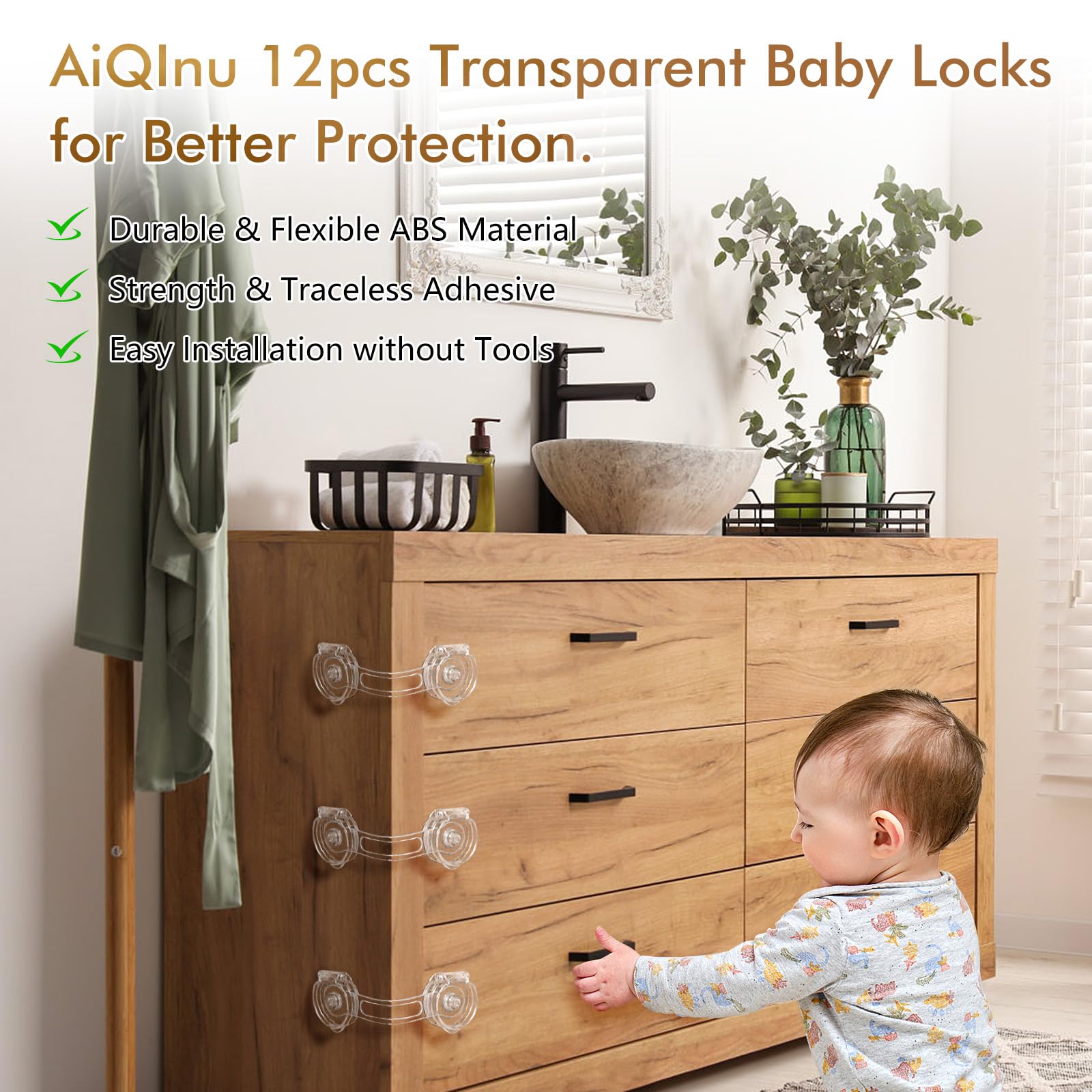 AiQInu Securite Placard Enfant 12 Pièces, ABS Bloc Porte Securite Bebe, Bloque Porte BéBé pour Armoire, Toilette, Frigo, Four, Réfrigérateur (Transparent)
