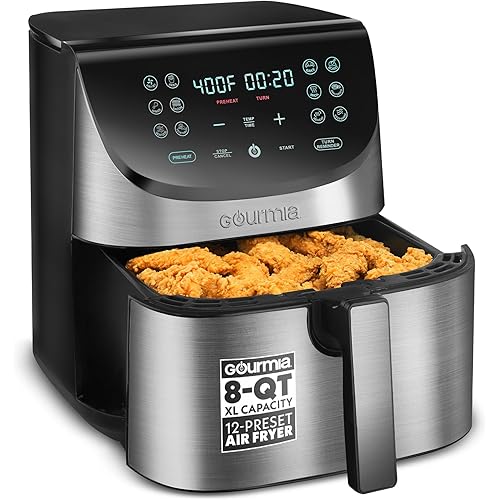 Gourmia Digital Air Fryer Oven – 8 QT, FryForce 360° Technology, 12 Presets, Touchscreen, XL Nonstick Basket, Dishwasher Safe, 1700W, Stainless Steel