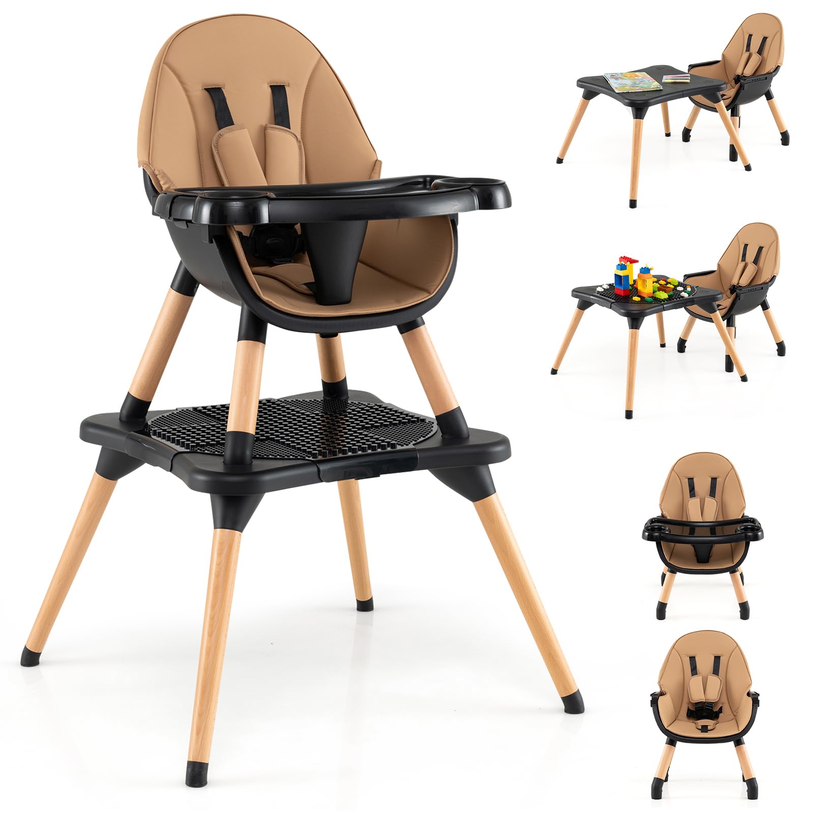 RELAX4LIFE 4 in 1 Seggiolone Pappa, Seggiolone Evolutivo con Vassoio Rimovibile e Cintura di Sicurezza, Altezza Regolabile in 4 Posizioni, per Bambini e Neonati 6-36 Mesi (Standard, Mocha)