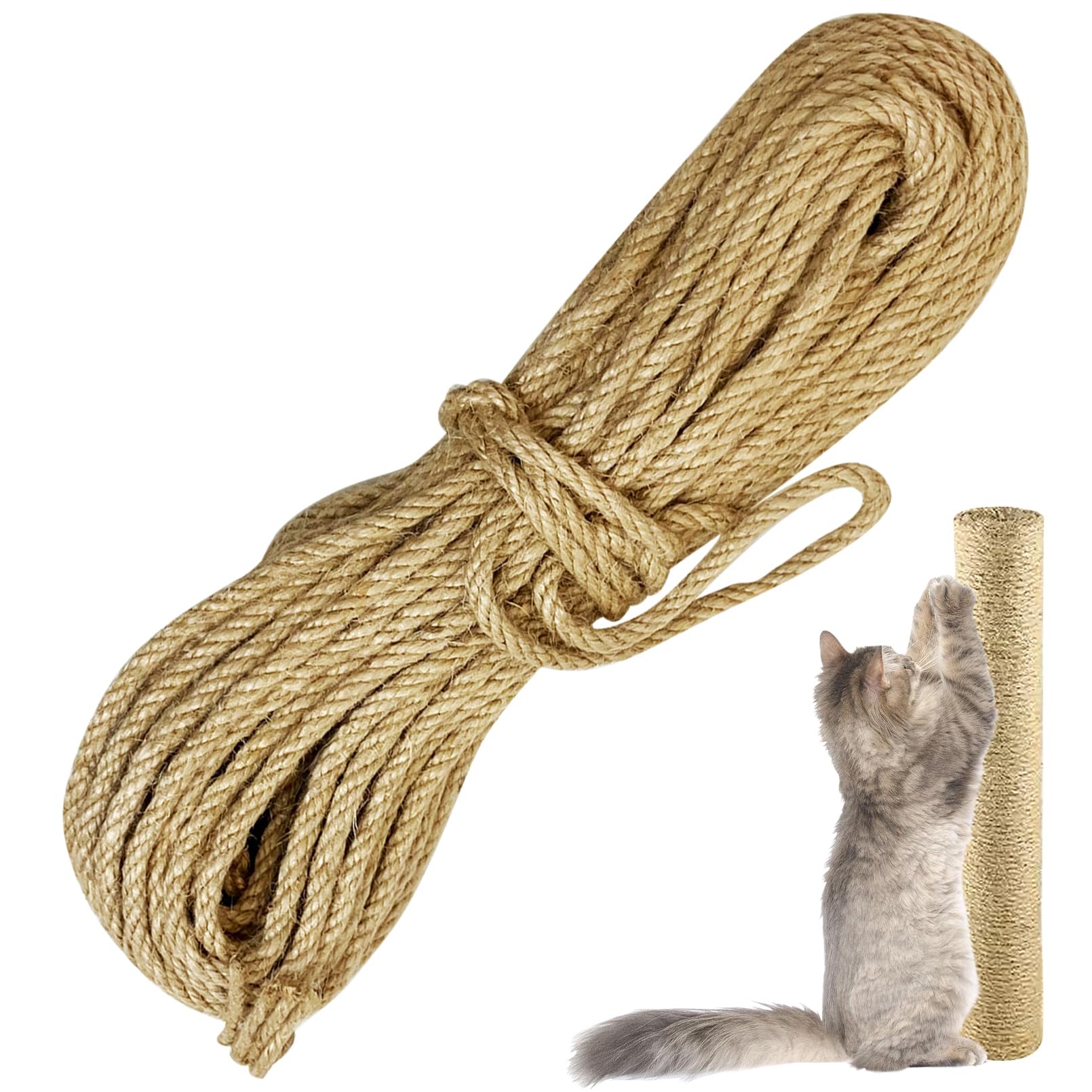 Cat Natural Sisal Rope for Scratching Post Tree Replacement, Hemp Rope for Repairing, Replacement Cat Tree and Tower (6 mm 66 Ft)