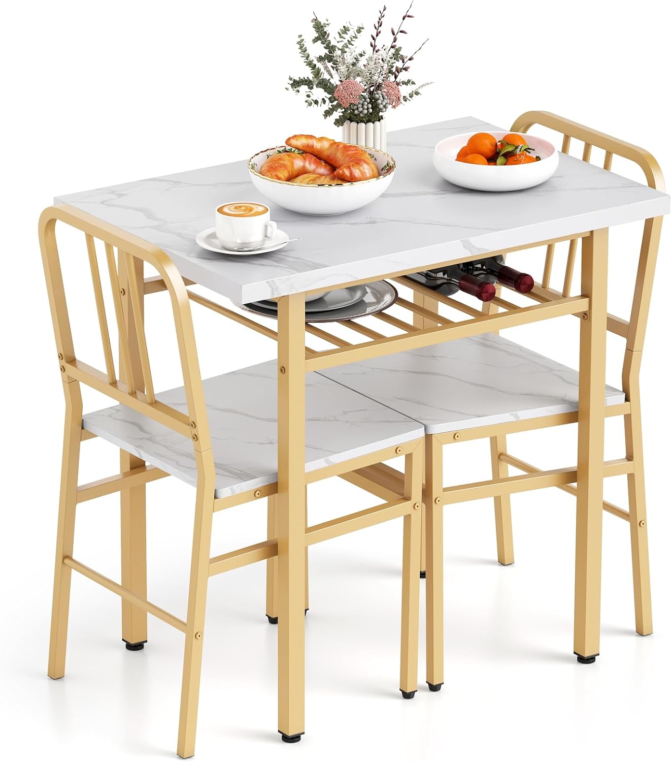 Giantex 3-Piece Dining Table Set, Rectangular Kitchen Table with Storage Rack and 2 Dining Chairs, Heavy-Duty Metal Frame, Space-Saving Dinette Set for Breakfast Nook, Apartment (White + Gold)