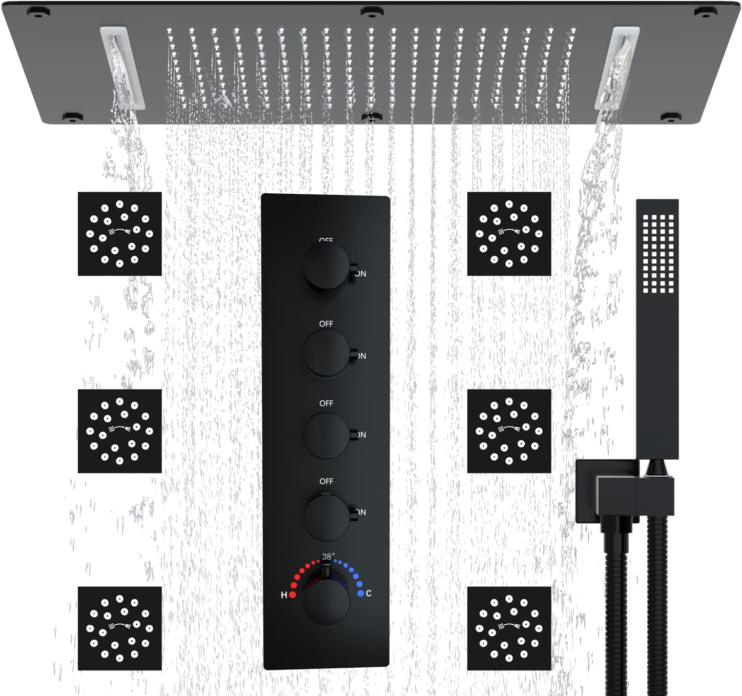 14.96 x 27.56inch Matte Black Dual Shower Head System with 6 Pcs 2Function Shower Body Jets