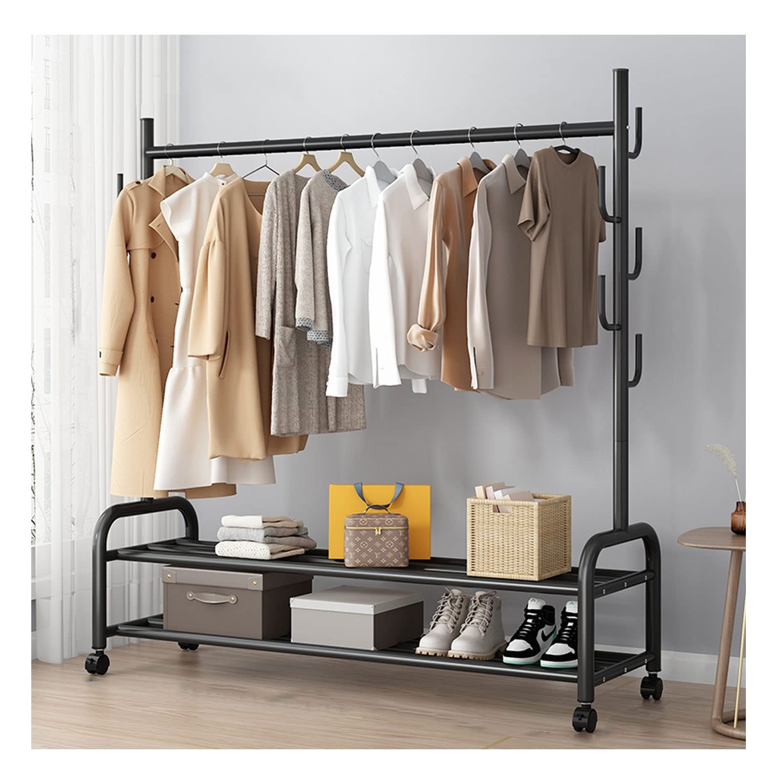 Hallenbaum mit Haken Tragbare Mobile Kleiderstange Robuster Kleiderbügel aus Metall Freistehender Kleiderständer Mit 2-stöckigen unteren Ablageflächen für Schlafzimmer Eingang (Color : Black, Size Küche, Haushalt & Wohnen