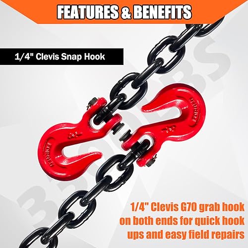 Miniatura 107 de G80 - Cadena de transporte de 3/8 pulgadas x 25 pies de seguridad/carpeta con ganchos de agarre de horquilla 7,100 libras, cadena de registro