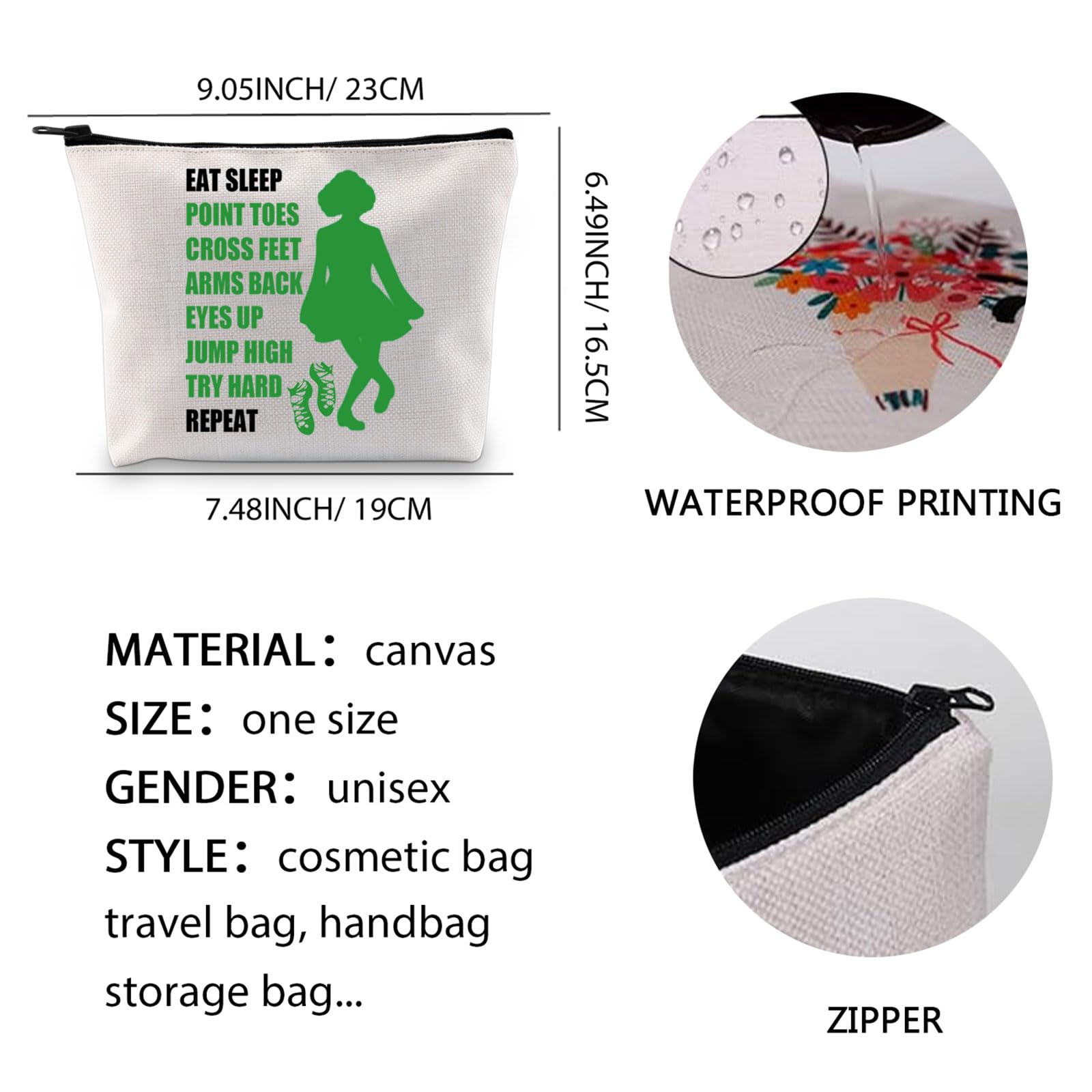 LEVLO Irish Dance Canvas Makeup Bag (Point Toes 1UK) - Green - Cosmetic Bag - Waterproof - Zipper - Women - Travel, Outdoor - Image 2