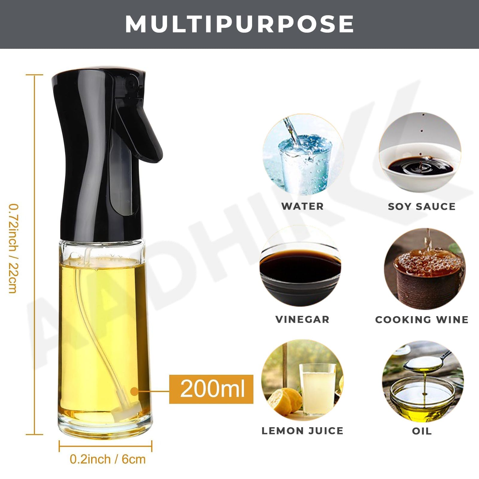 AADHIK Dispensador de aceite de vidrio para cocinar, botella de spray de aceite de oliva de 200 ml, recargable, de grado alimenticio, rociador de vinagre, rociador utilizado para freidora de aire