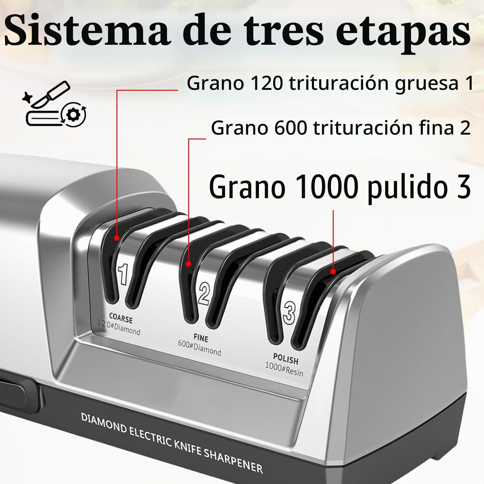Afilador de cuchillos eléctrico, afilador de cuchillos de diamante de 3 etapas para afilar, reparar y afilar cuchillos