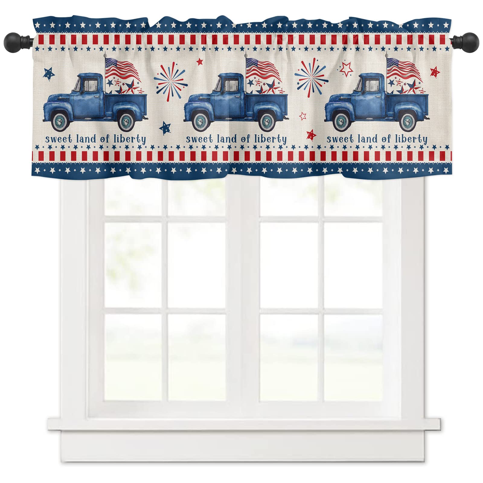 TocaHome Window Curtain Kitchen Valance for Living Room 4th of July Independence Day Blue Truck with American Flag Rod Pocket Curtain Valance 1 Panel 54
